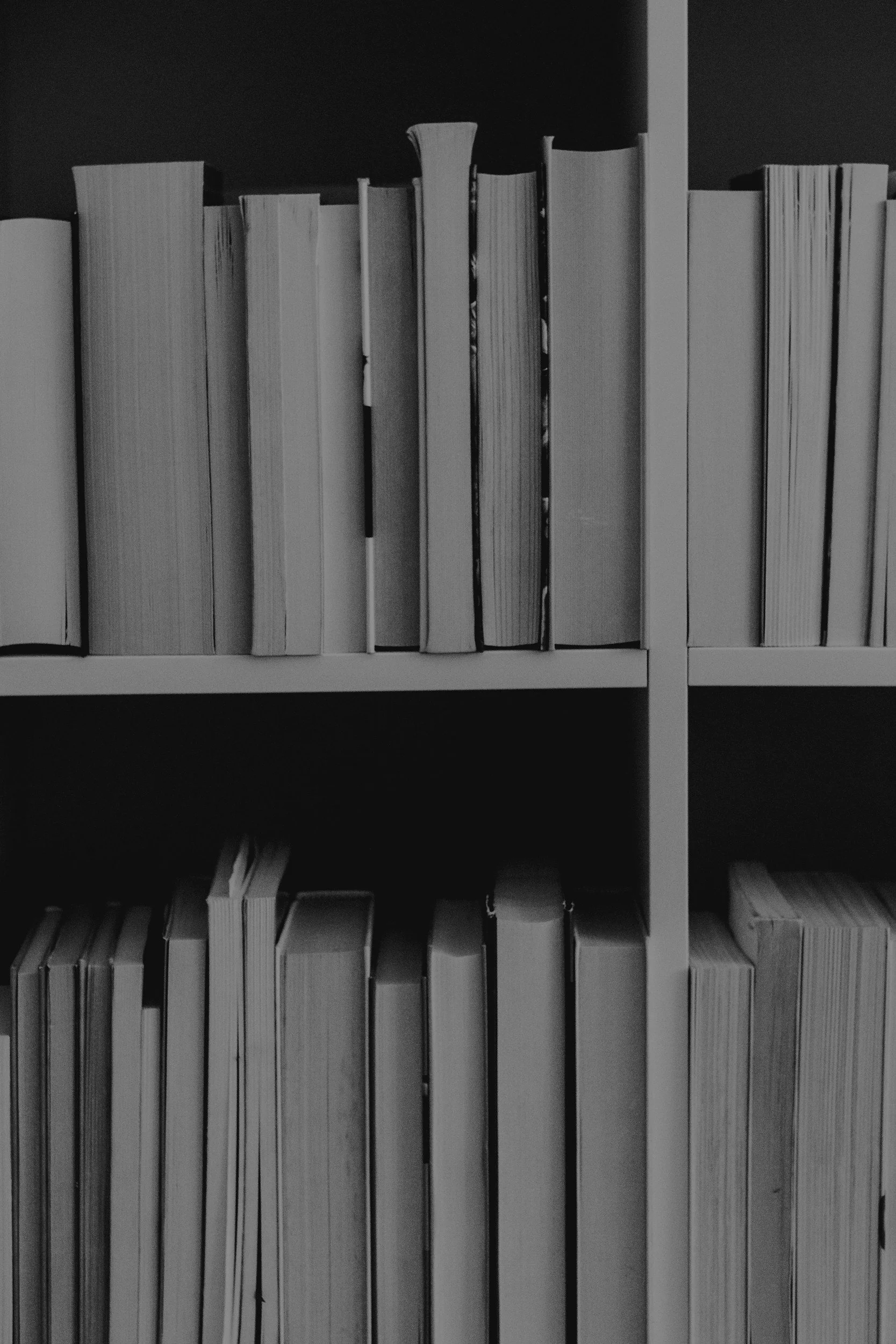 Black and white photograph of a bookshelf filled with various books and magazines.