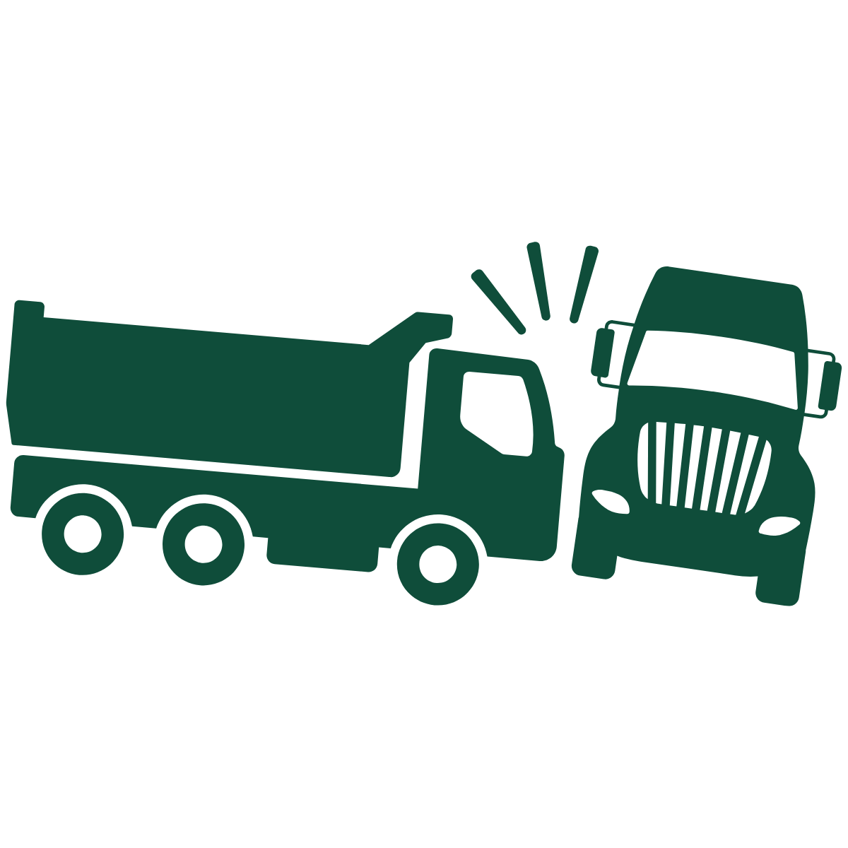 Illustration of a green truck colliding with a larger green semi-truck, with impact lines indicating a crash.