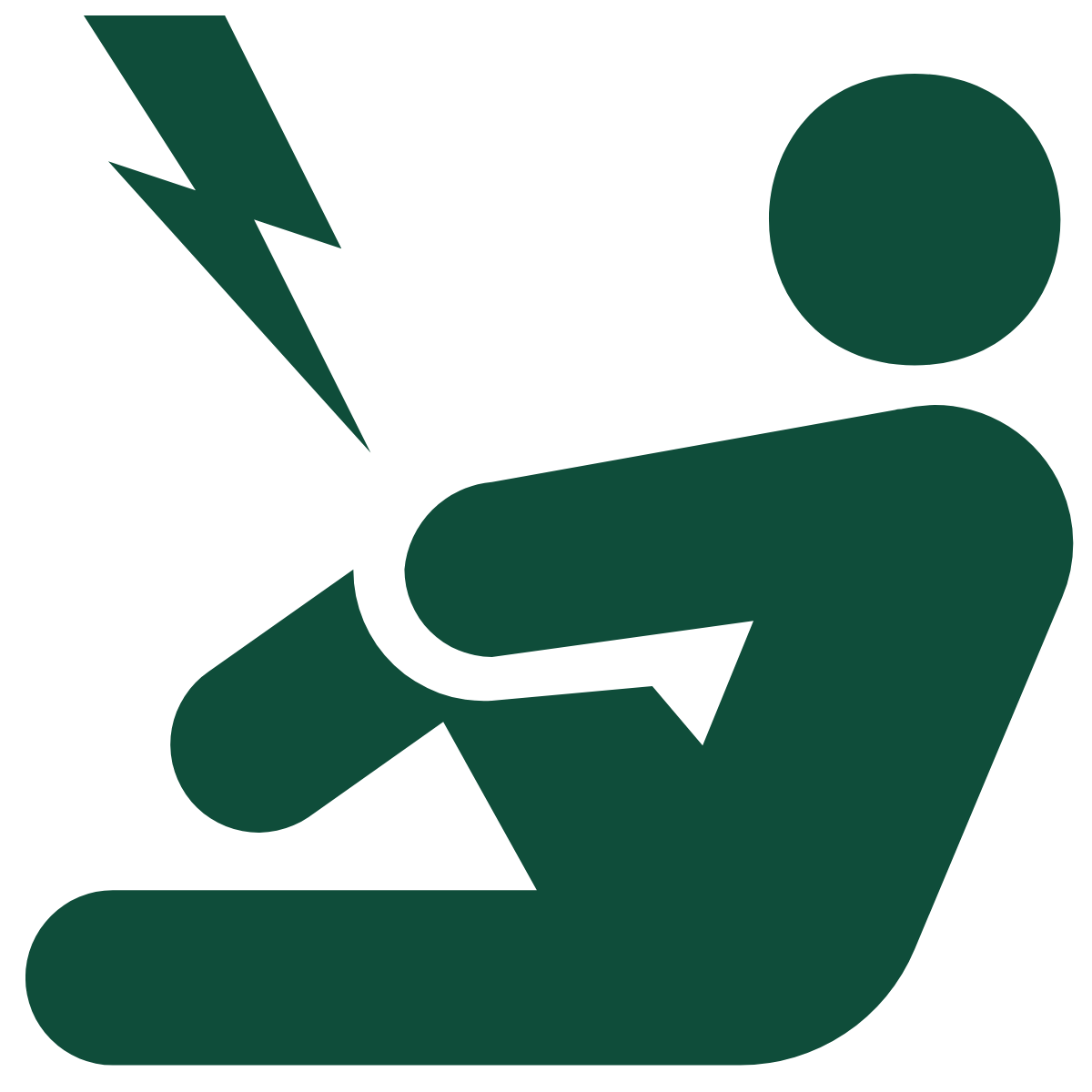 Simplified green icon of a person sitting cross-legged with their arms crossed, with a lightning bolt above their head.