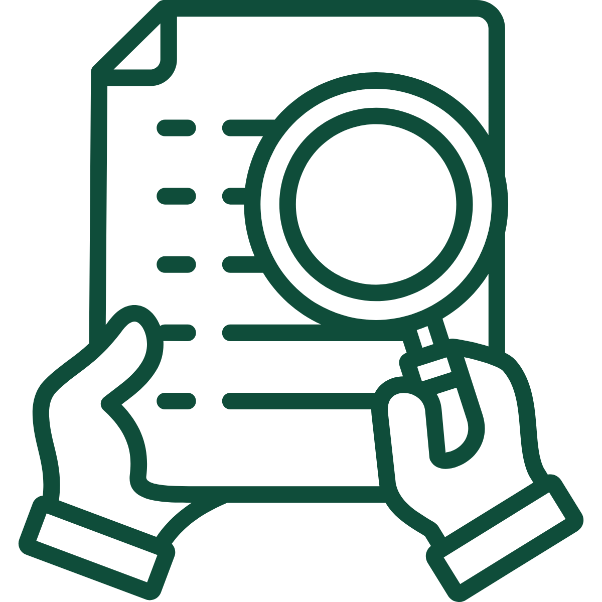 Line drawing of a person holding a piece of paper and a magnifying glass, inspecting it.
