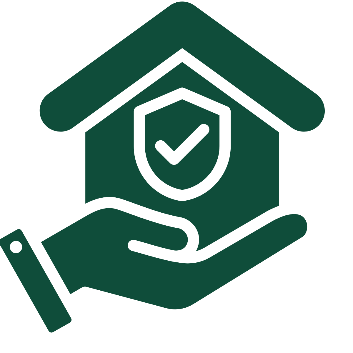 Icon of a hand holding a house with a shield and checkmark inside, representing home security or insurance.