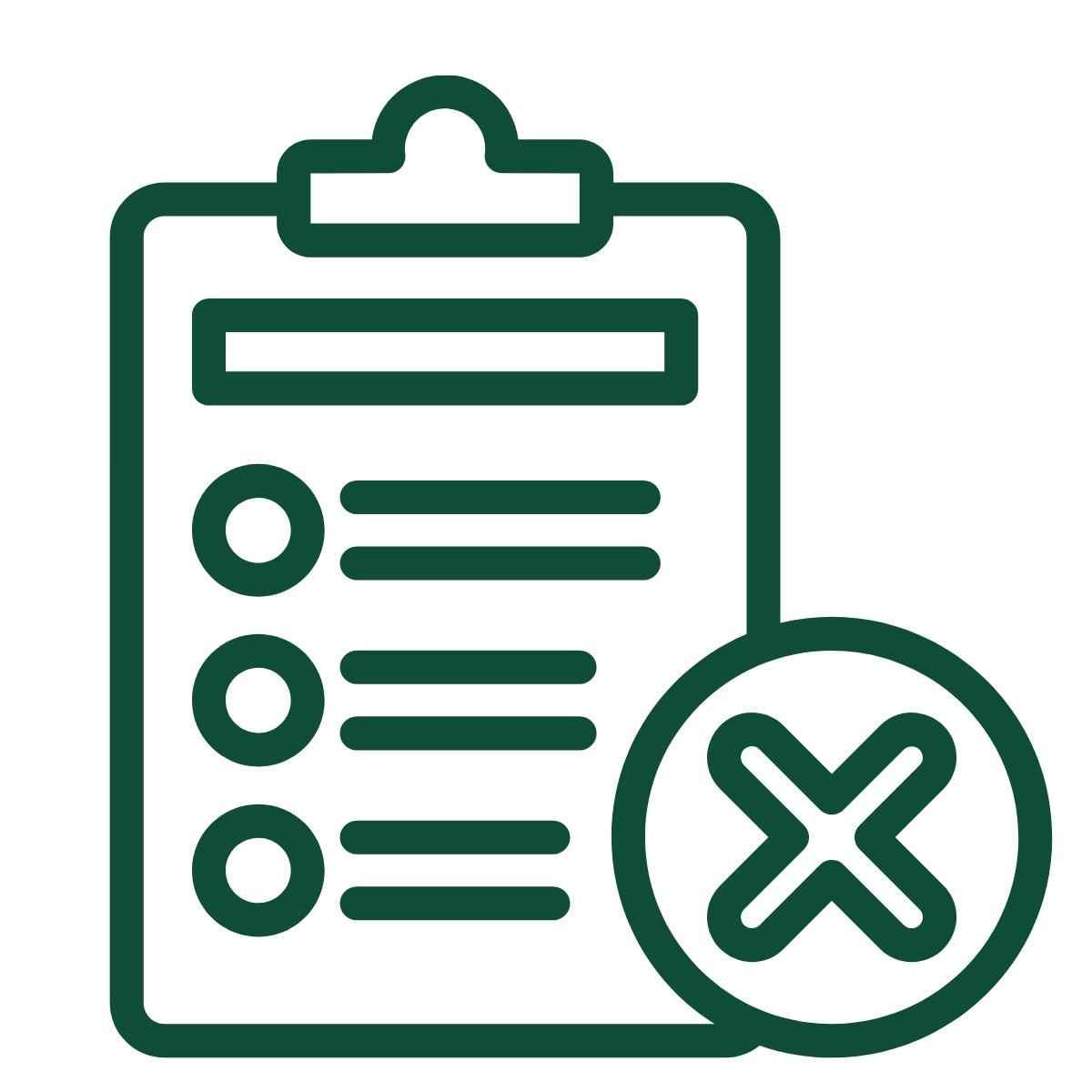 Outline of a clipboard with a list, crossed out circle indicating rejection or error.