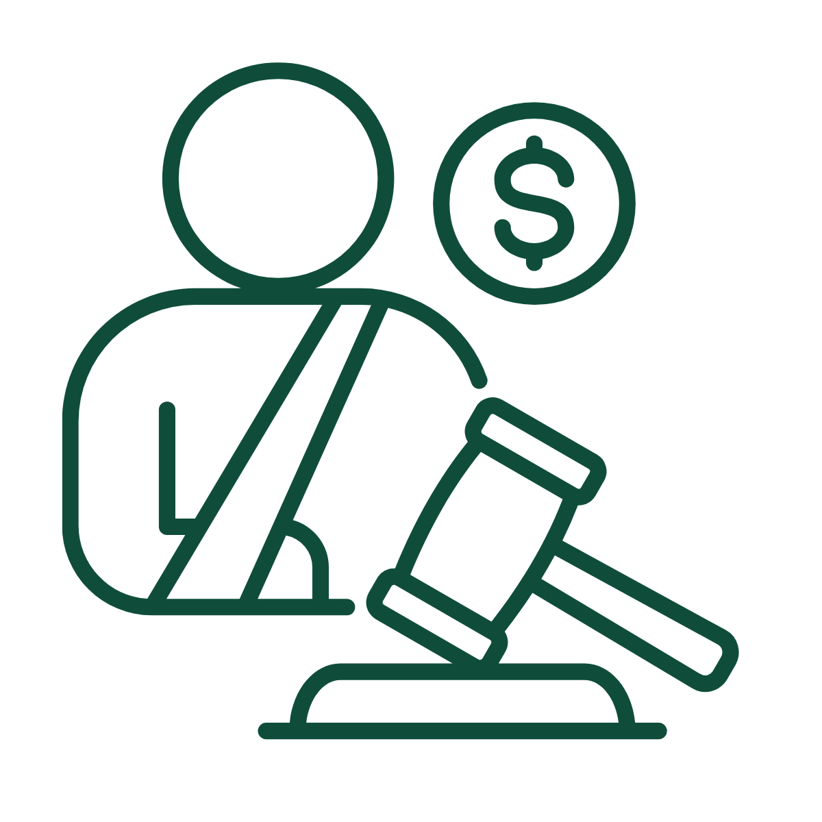 Line drawing of a person with a dollar sign in a circle above their head, and a gavel on a stand in front.