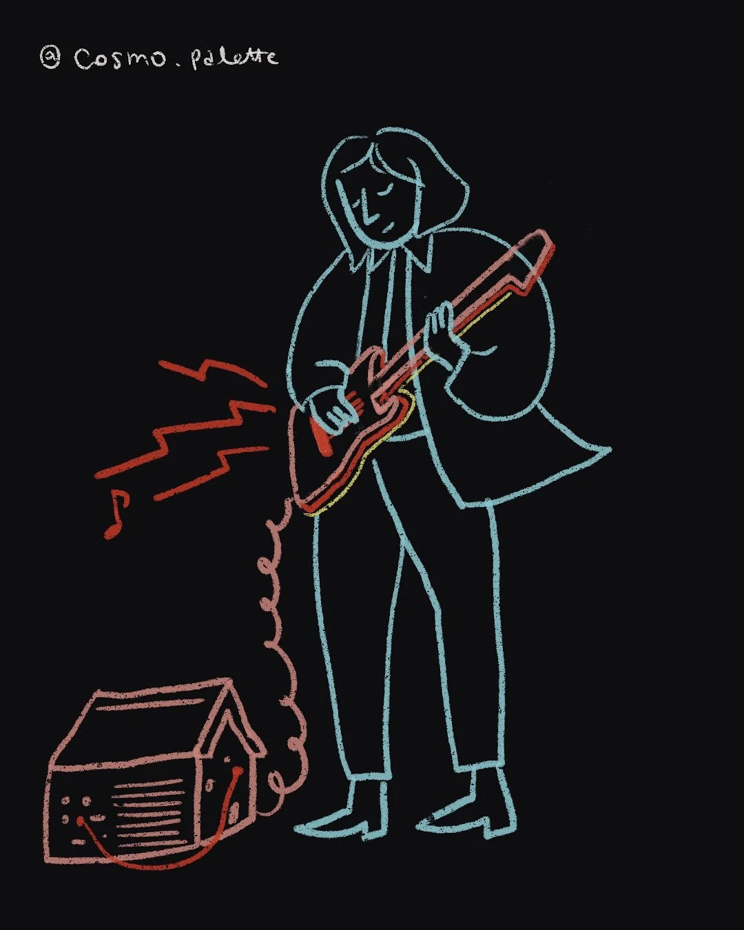 Neon-style illustration of a person playing an electric guitar next to a speaker with musical notes and sound waves.