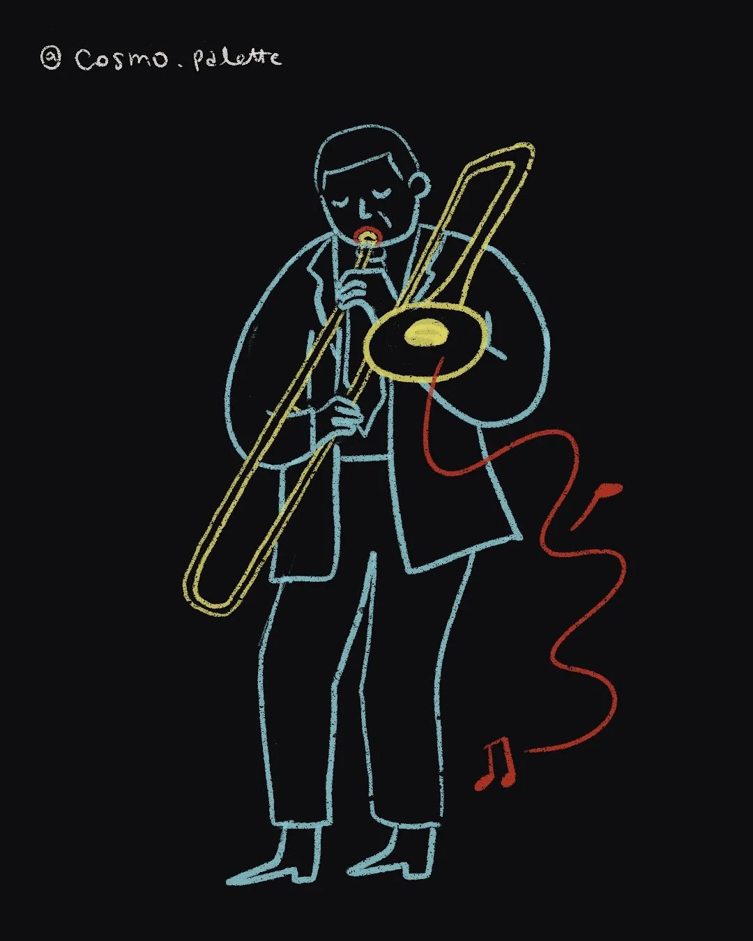 Neon sign illustration of a man in a suit playing a trombone with musical notes and a red cord, on a black background.