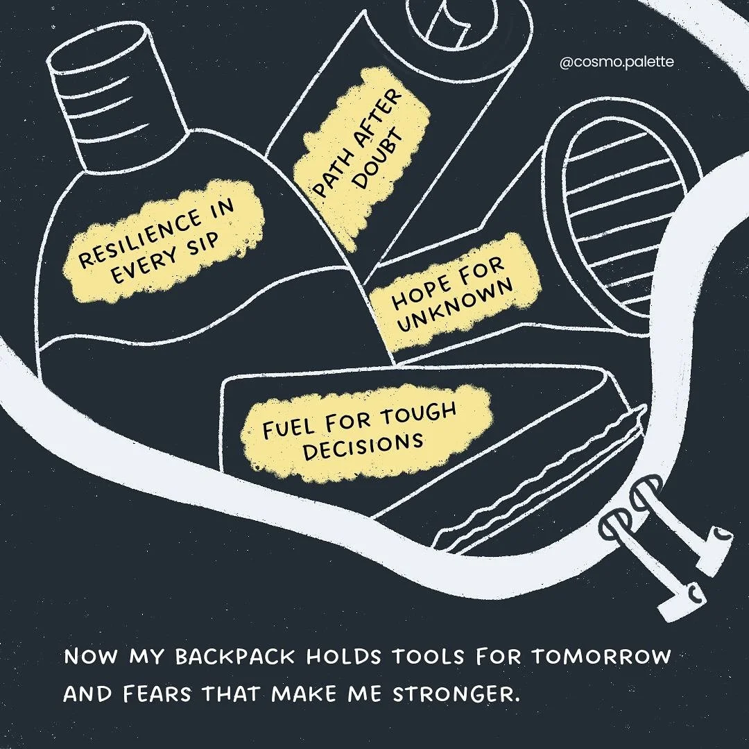 Illustration of a backpack with items labeled with motivational phrases, such as 'Resilience in Every Sip,' 'Path After Doubt,' 'Hope for Unknown,' and 'Fuel for Tough Decisions.' The caption reads, 'Now my backpack holds tools for tomorrow and fears