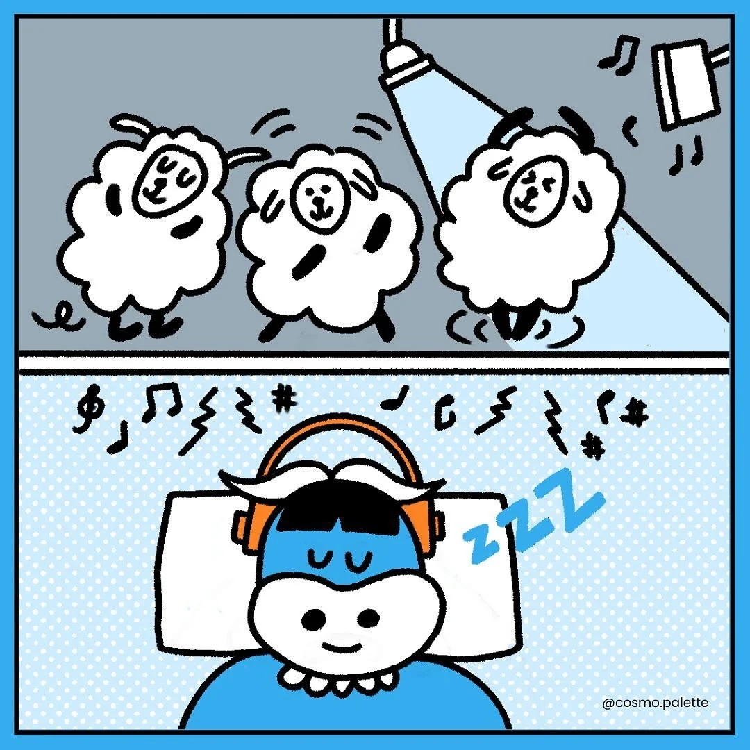 A cartoon illustration of three dancing sheep in the top half and a person sleeping with headphones and musical notes around in the bottom half.