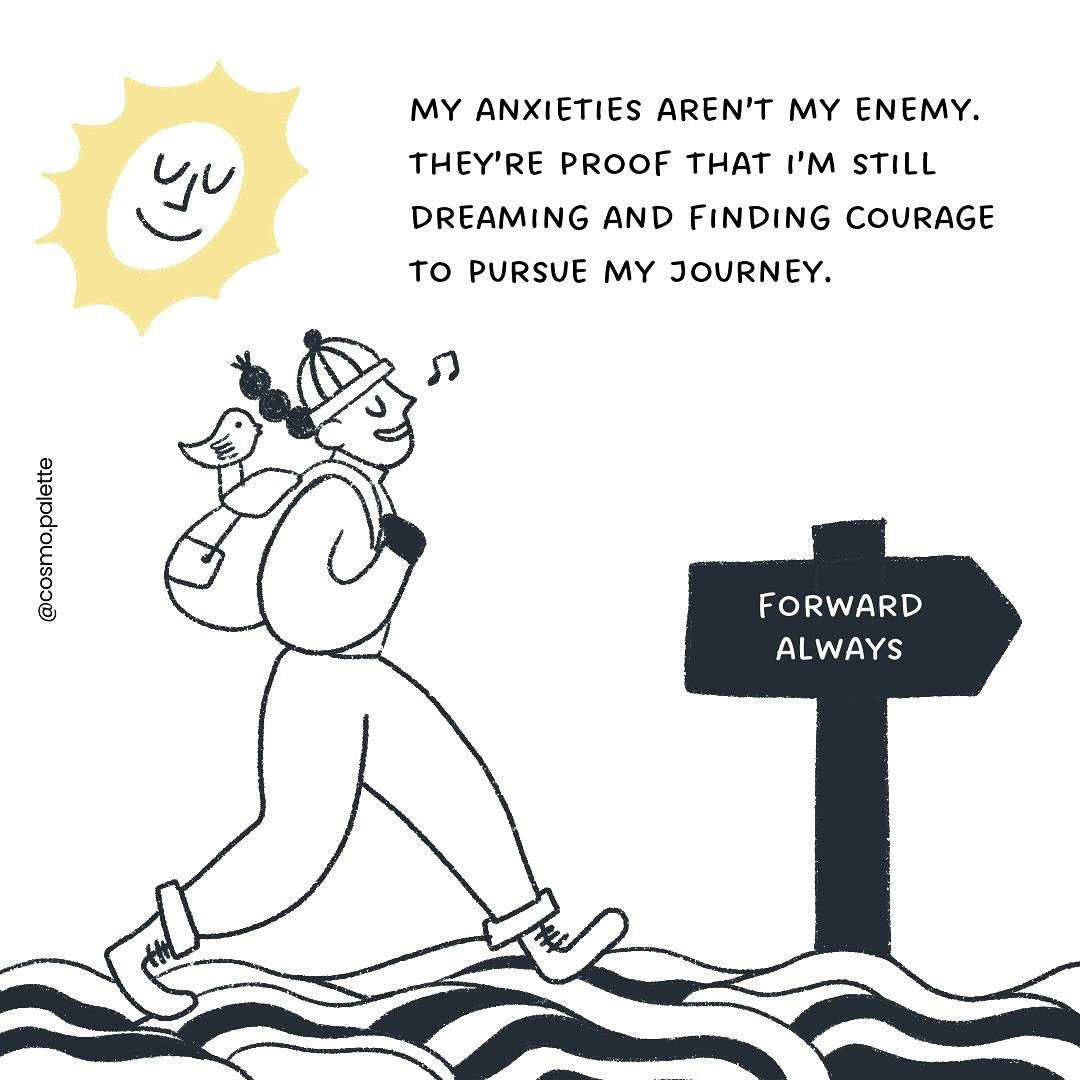 A person walking happily outdoors next to a sign that reads 'Forward Always', with a smiling sun in the sky, a bird on their backpack, and waves on the ground.