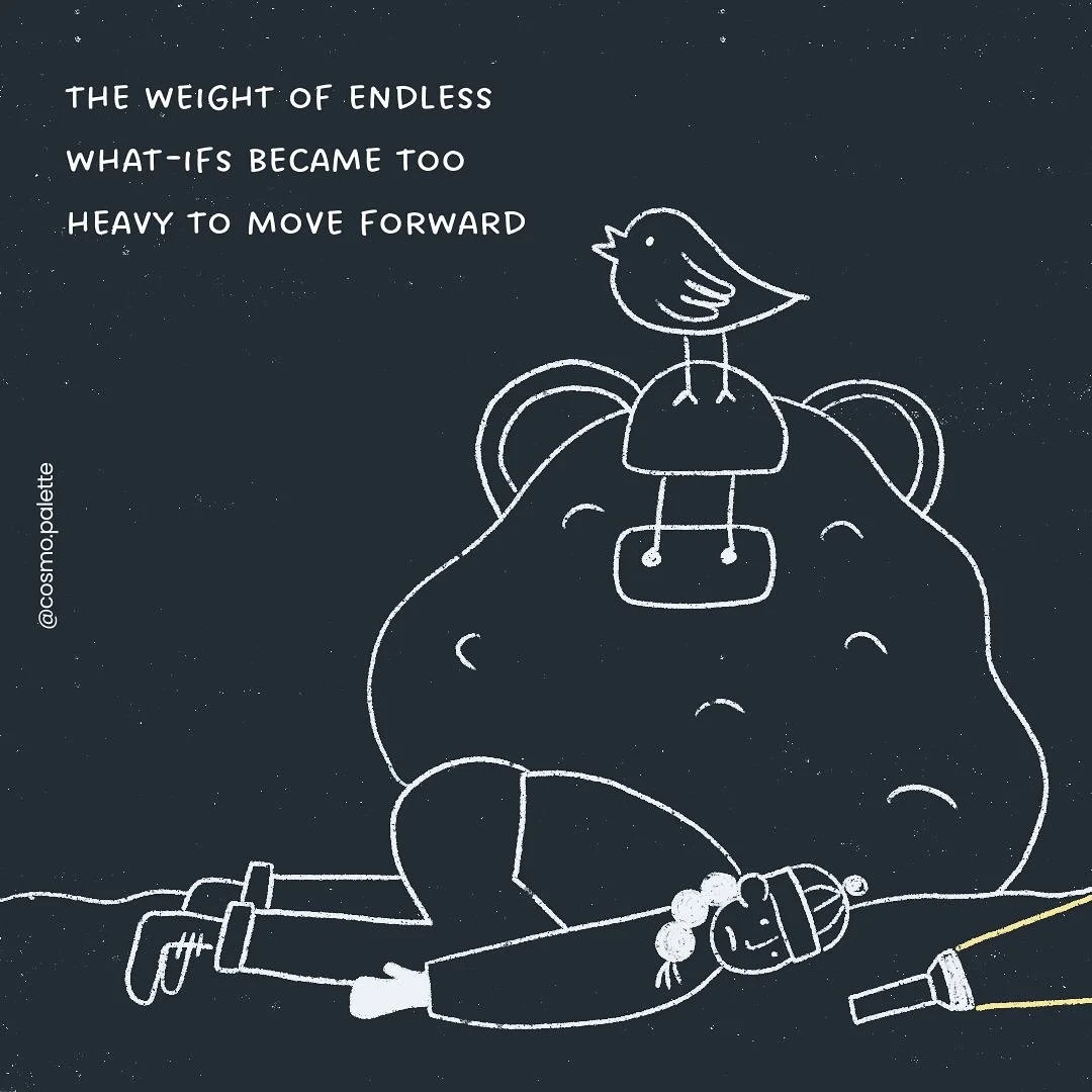 Line drawing of a bear lying on the ground with a small girl sleeping on its belly, wearing a winter hat, and a bird standing on the bear's nose. Text reads: "The weight of endless what-ifs became too heavy to move forward."