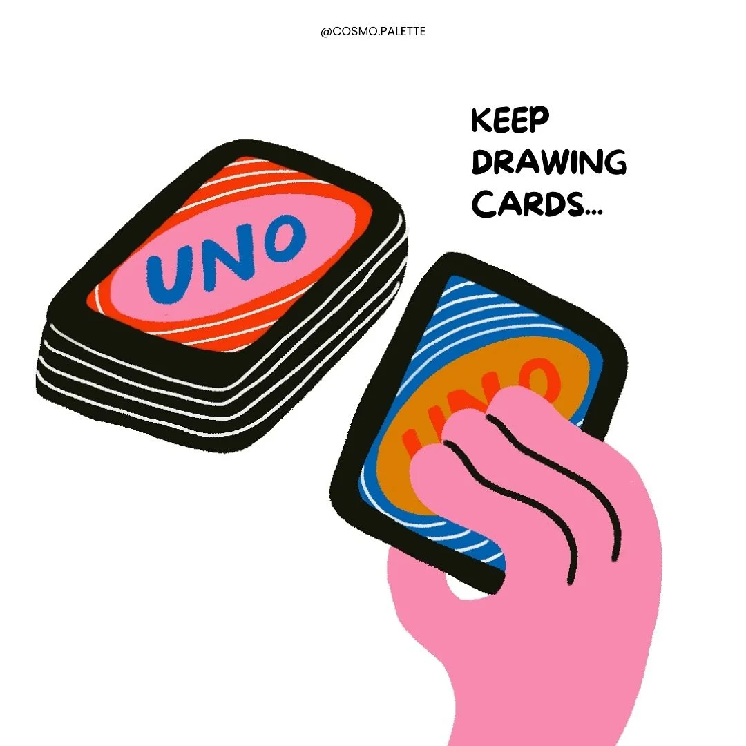 Drawing of a hand holding a smartphone with a UNO card game and a stack of UNO cards on the table. The text says "Keep drawing cards...".