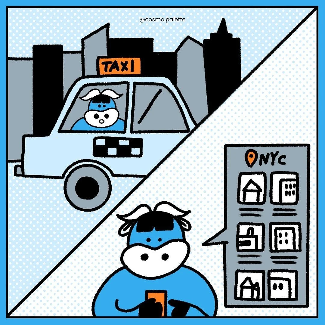 Comic panel featuring a blue cow with sunglasses, using a mobile phone. The top left shows a blue taxi with the cow inside, set against a city skyline. The bottom right depicts the cow at a phone kiosk in NYC, with a city map and phone icons.