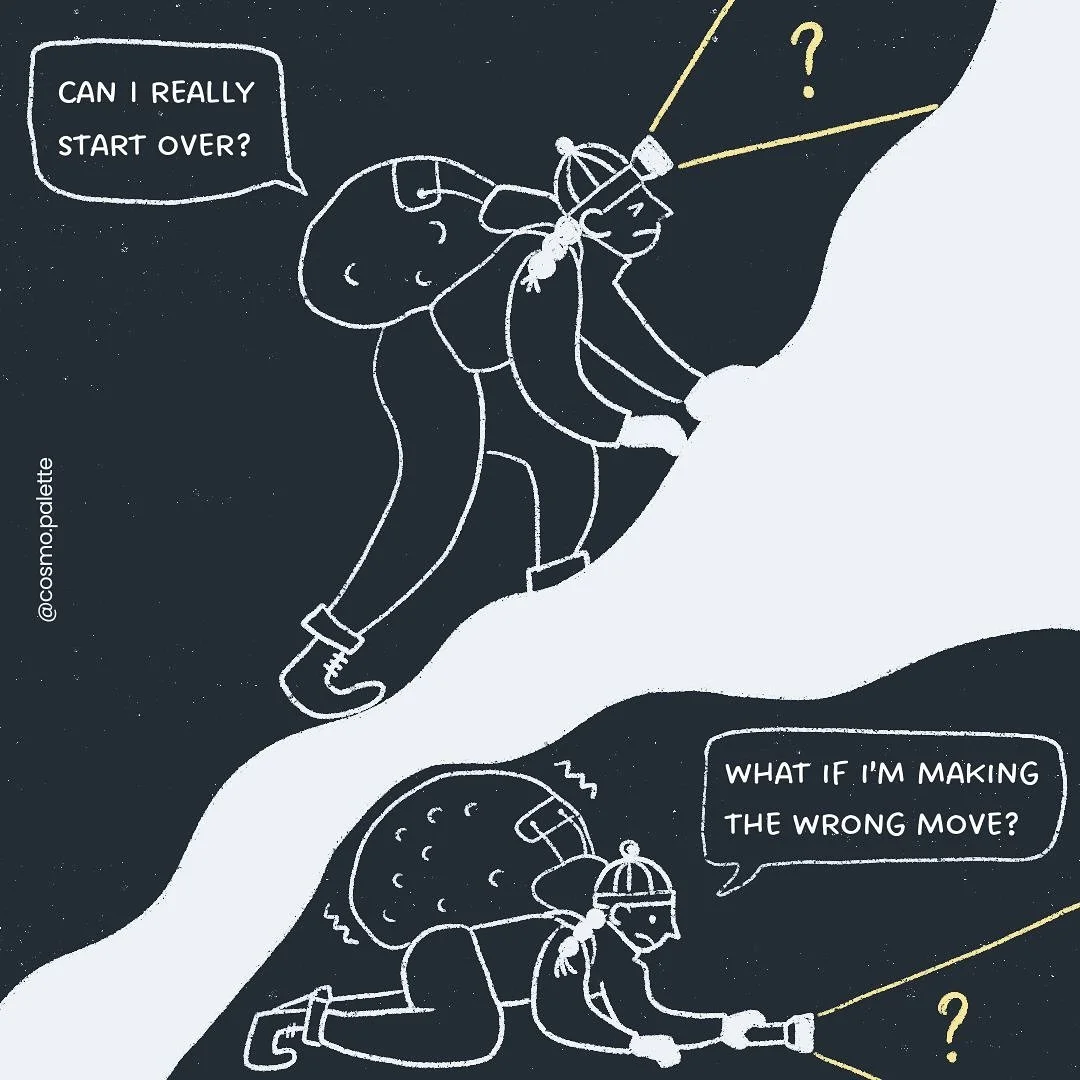 Illustration of a person hiking on a mountain, shining a flashlight upward and asking, 'Can I really start over?'; the person looks anxious, and in the lower part, they are on their knees, still holding the flashlight, and asking, 'What if I'm making
