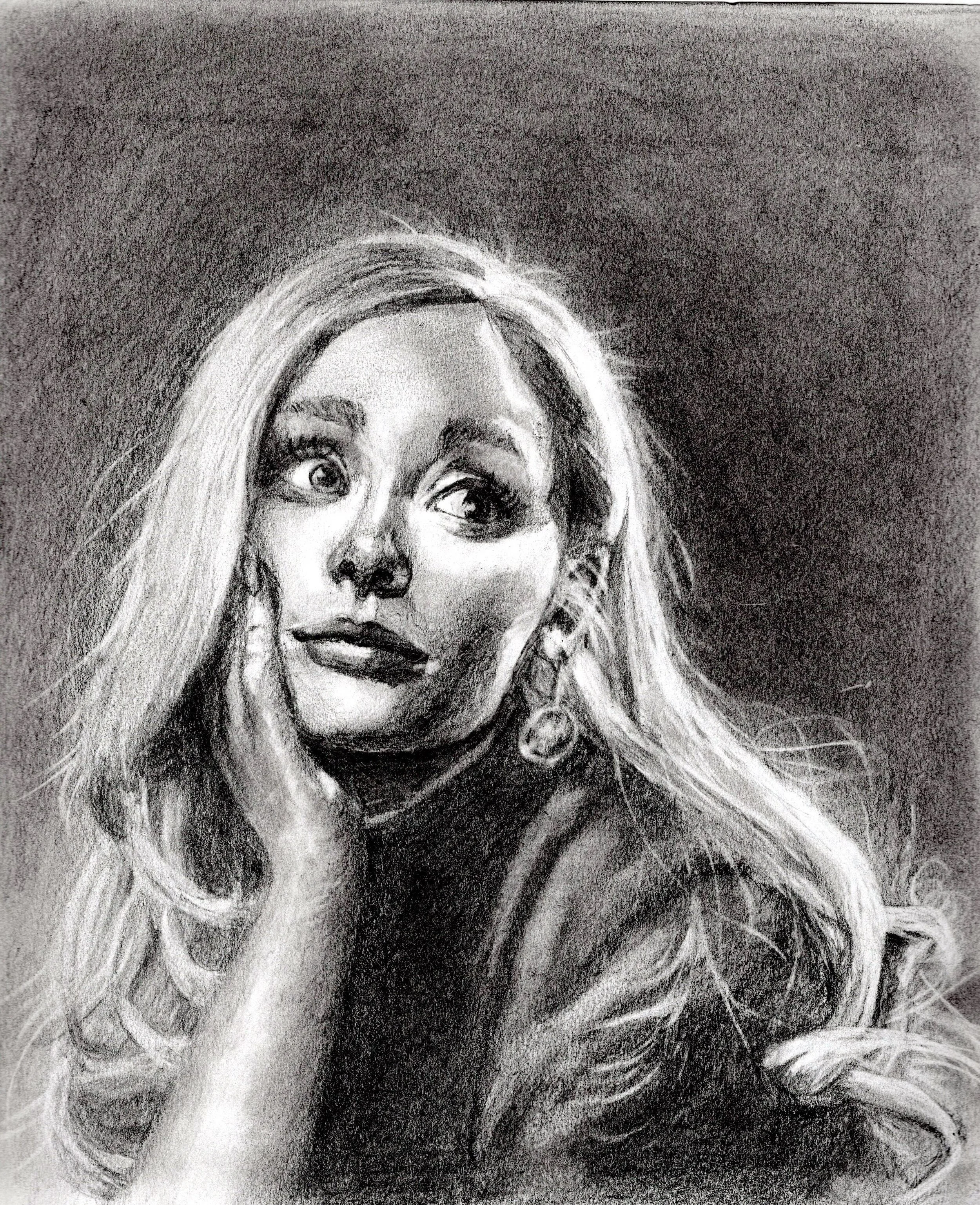 A black and white portrait of a woman with light-colored hair, adorned with earrings, looking at the camera with her tongue slightly out. The background is dark, and the image has a grainy, textured appearance.