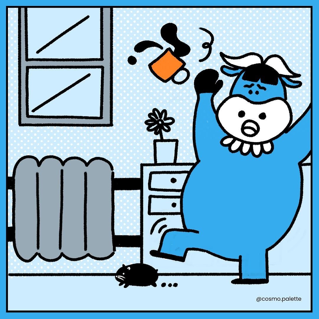 A cartoon girl with blue face paint and white hair is sitting in a room, stretching her arms above her head. A black cat is lying on the floor nearby. The room has a window with light coming through, a radiator, a small table with a potted plant, and