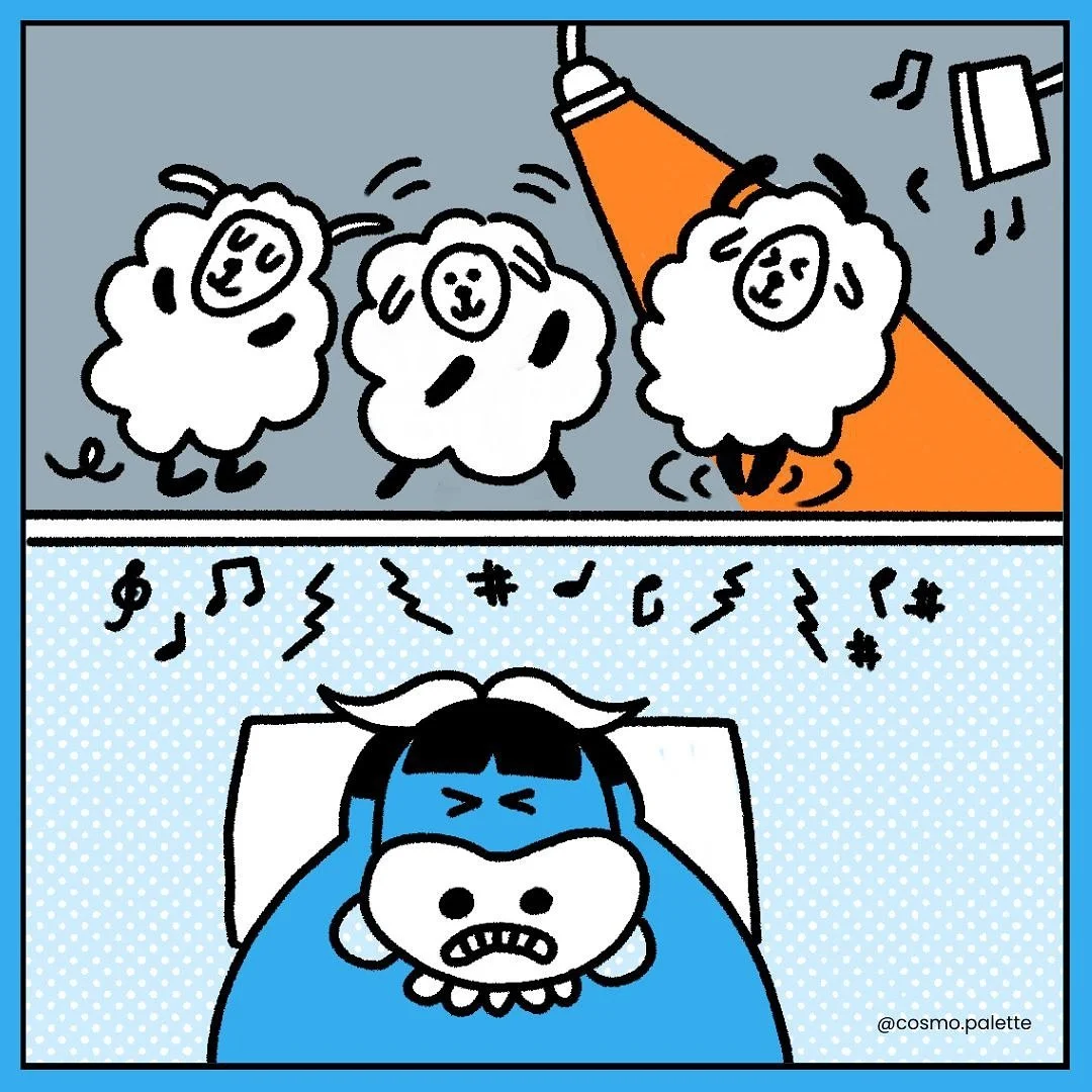 Cartoon drawing of three sheep dancing under a spotlight in the top panel, and a person with a dark bob haircut lying in bed with a worried expression, surrounded by musical notes and symbols in the bottom panel.
