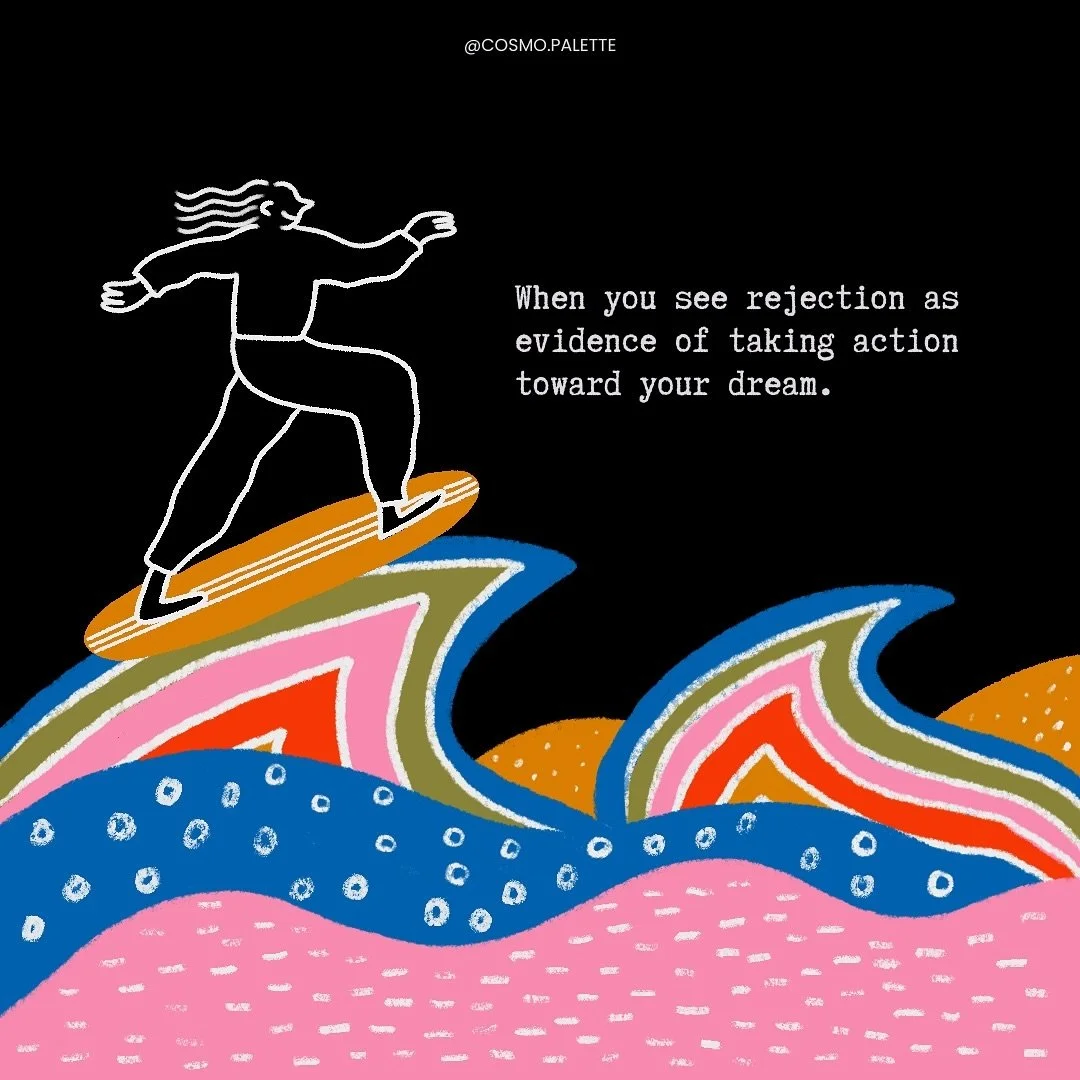 Illustration of a person surfing on colorful waves with a quote about rejection inspiring action toward dreams.