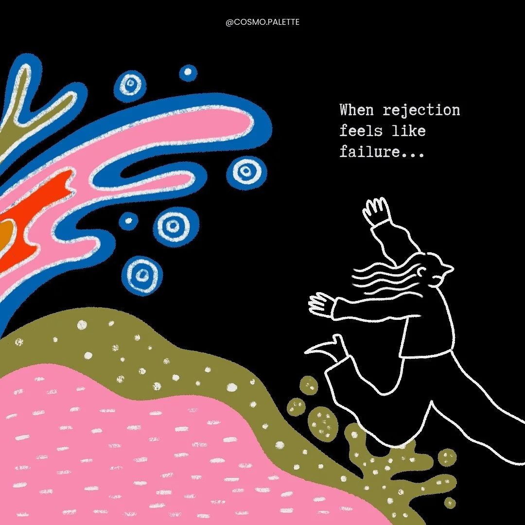 Illustration of a person falling or drifting with colorful abstract shapes and bubbles, accompanied by the text 'When rejection feels like failure...'