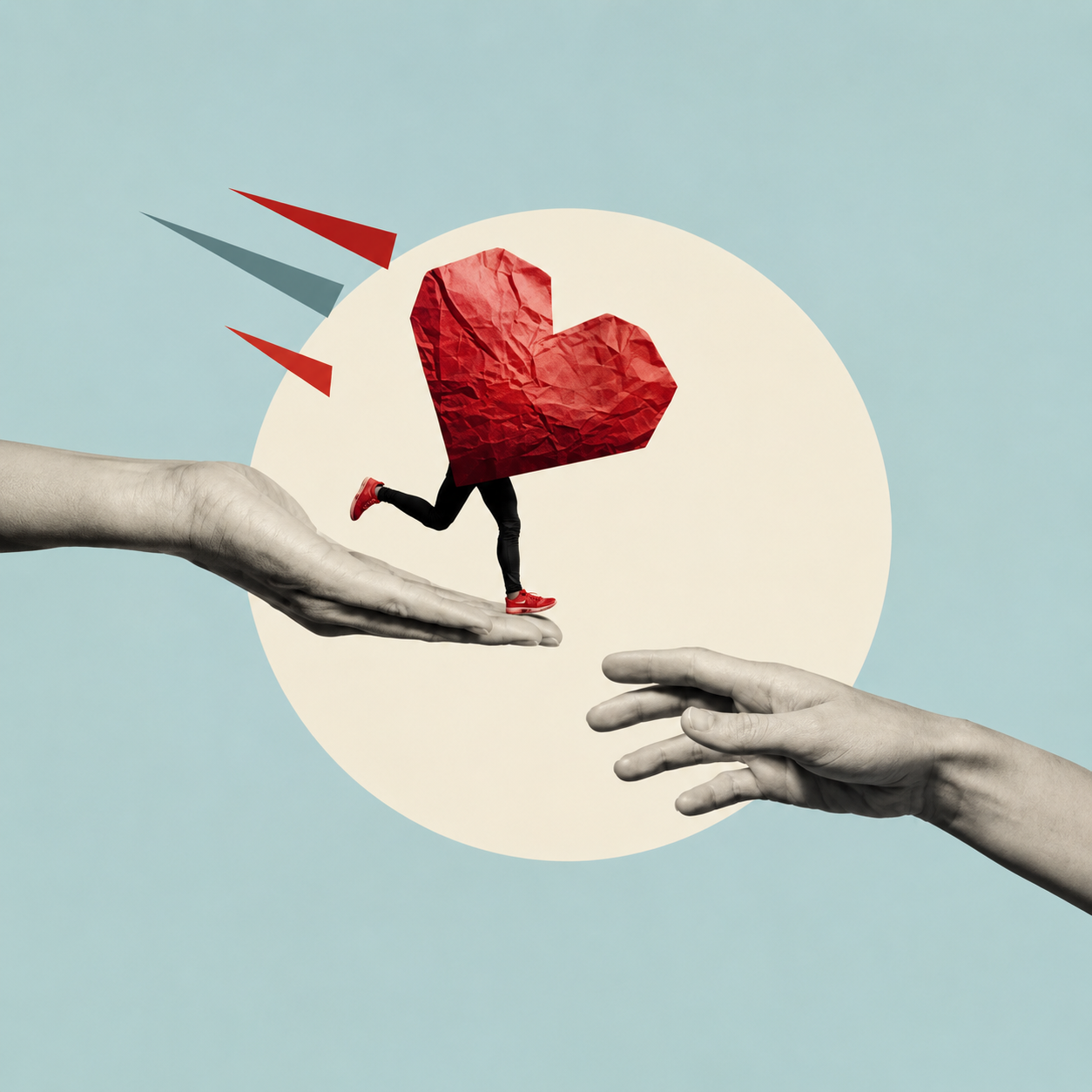 A surreal digital collage of a tiny person with a crumpled red paper heart for a head, running on a large hand, with another hand below. The background is light blue with a large white circle, and there are three red and gray triangular shapes pointing towards the heart.