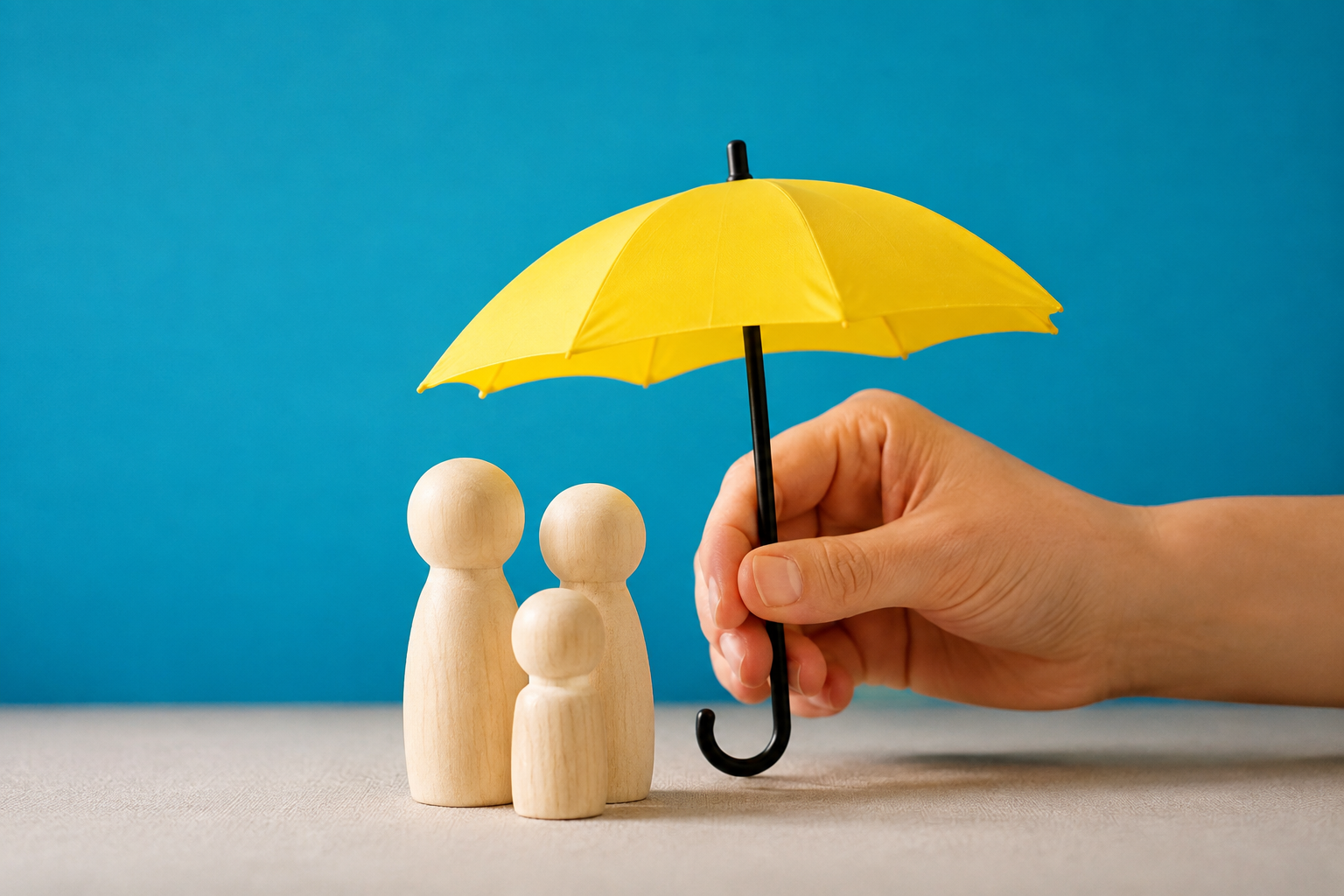 A person holding a yellow umbrella over three wooden figurines on a table against a blue background.
