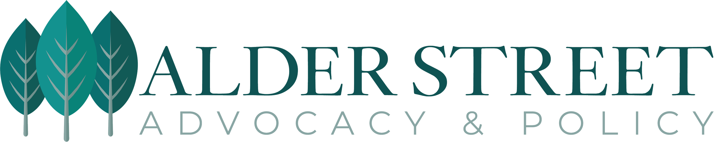 Logo for Alder Street Advocacy & Policy featuring stylized green trees and text.