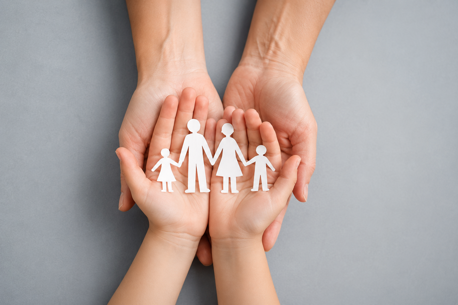 Two pairs of hands holding paper cutouts of a family, including two children and two adults, against a gray background.