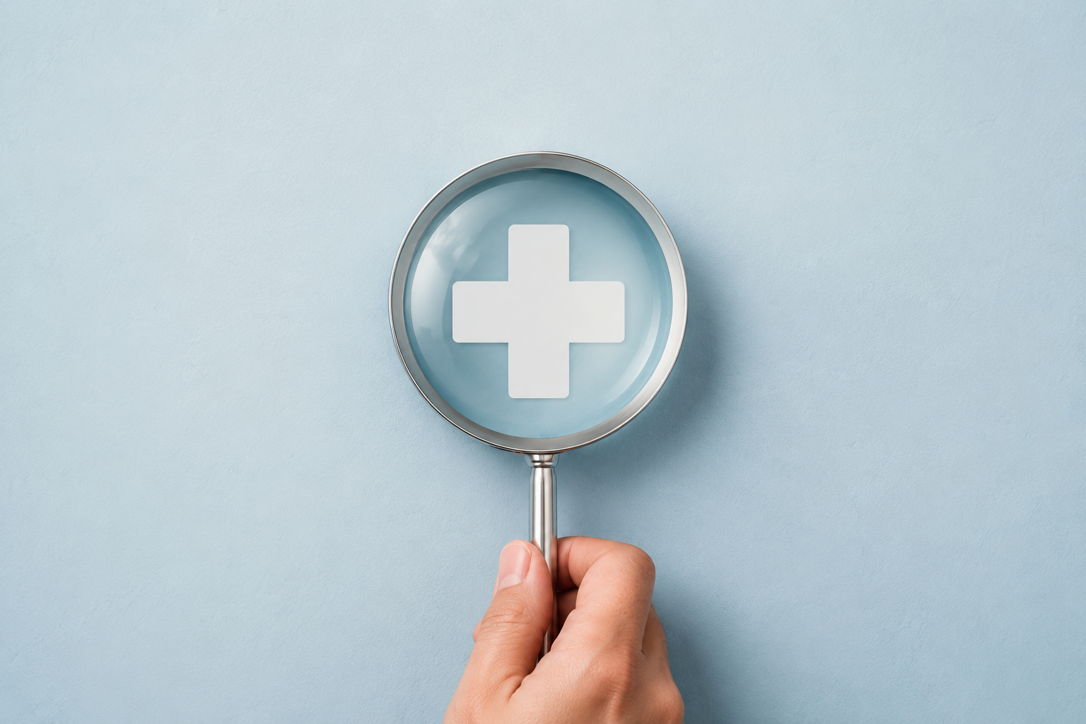 image of magnifying glasses over heathcare cross
