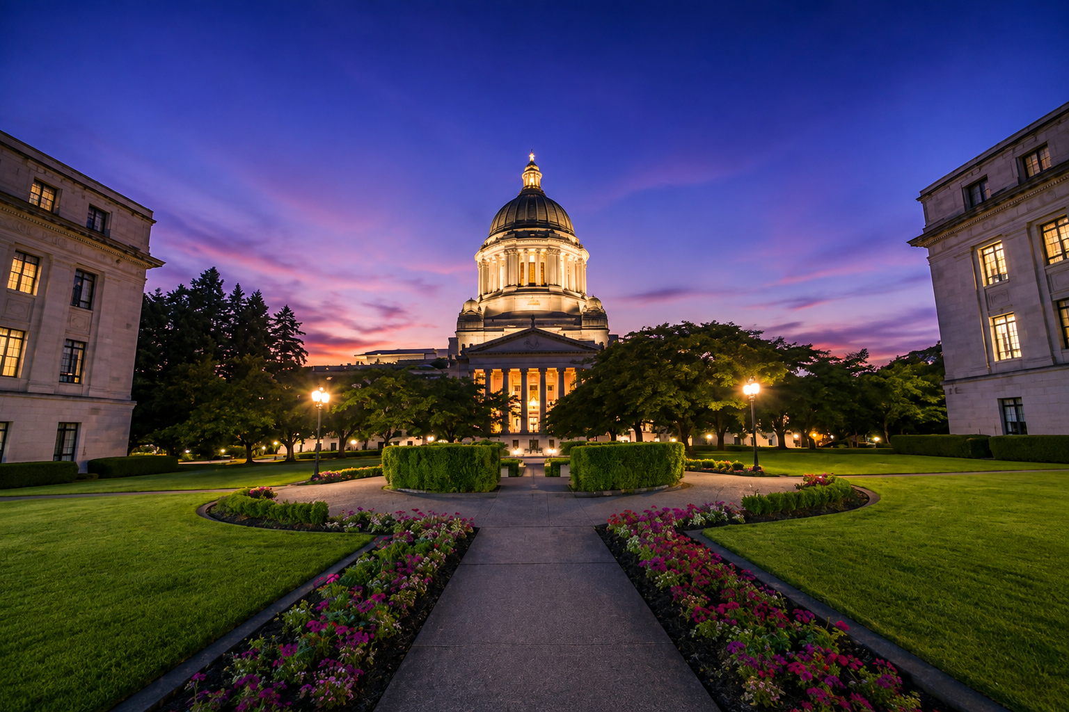capital at dusk with flowers and buildings