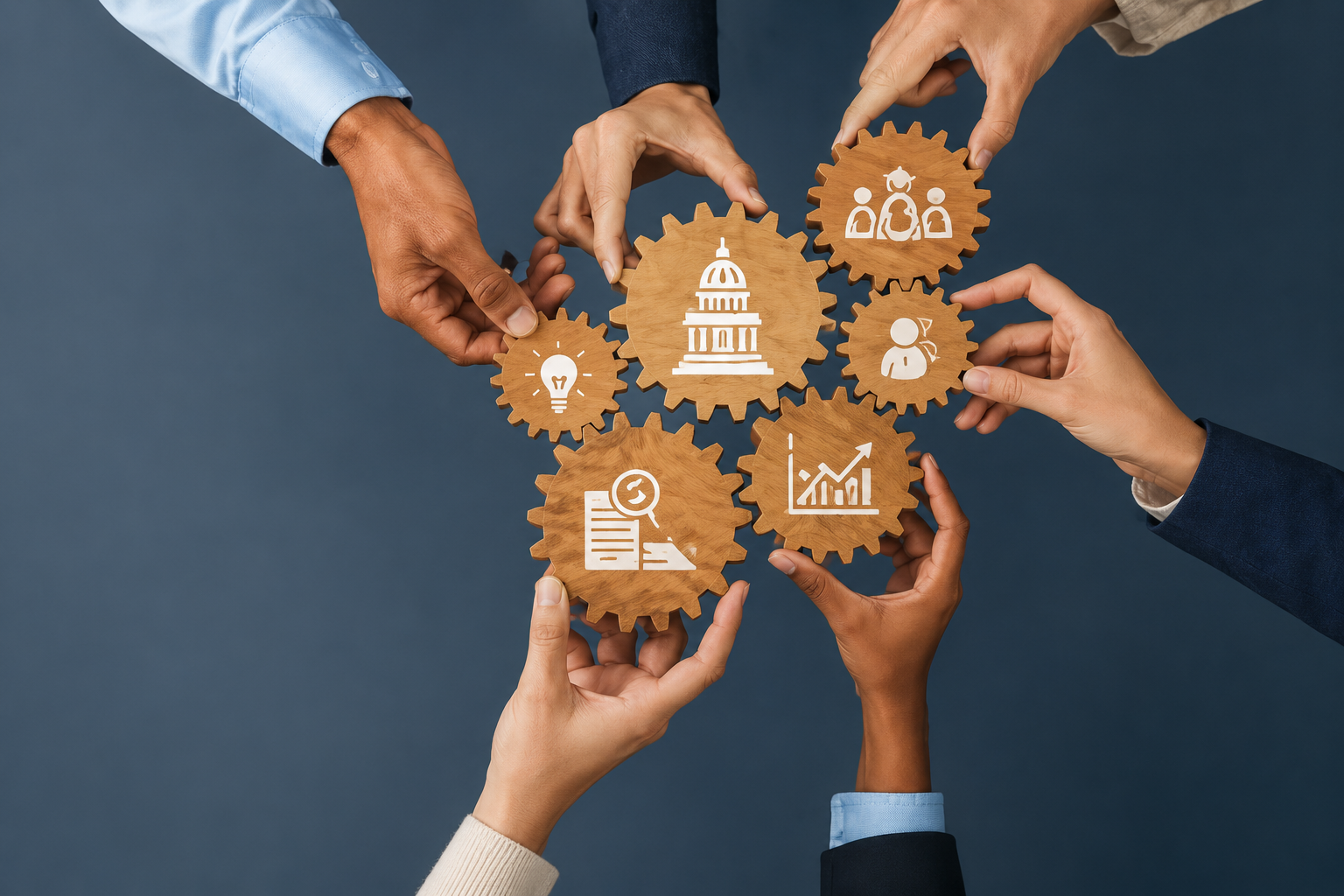Multiple hands holding interconnected wooden gears with icons representing government, innovation, sustainability, team, growth, and community.