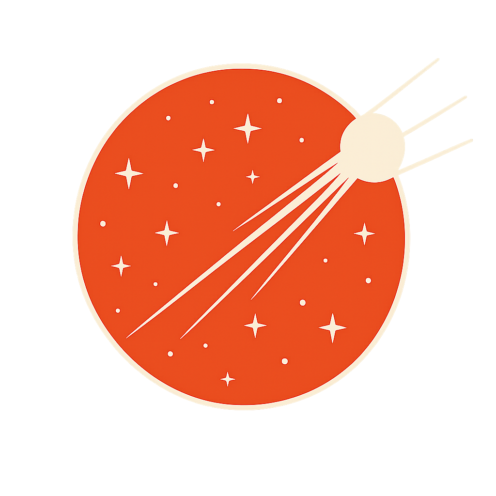 A stylized depiction of a comet with a red circular nucleus and white tail streaking through space filled with stars.
