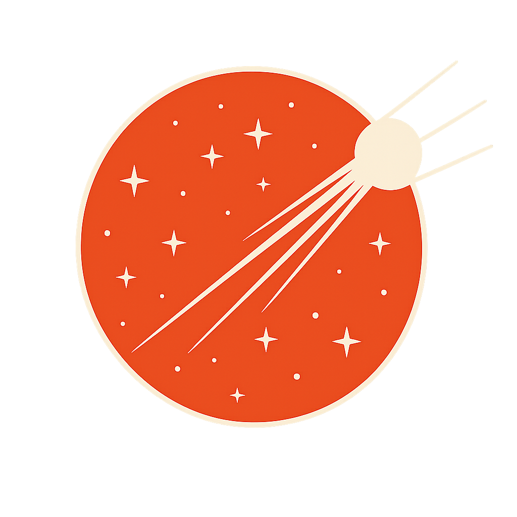 A stylized illustration of a red planet with white stars and an object resembling a meteor moving through space.