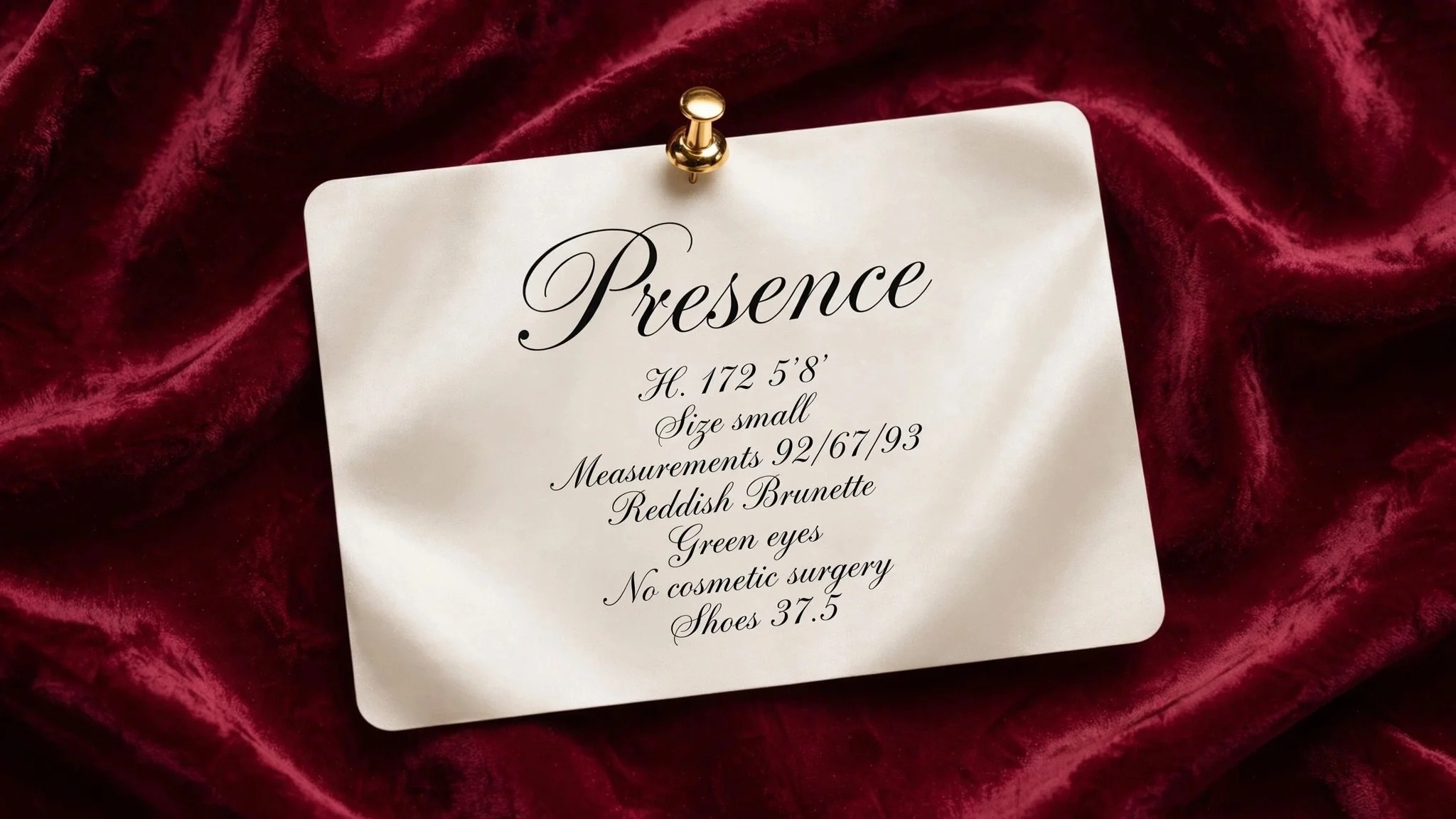 A white card with black cursive text pinned to a red velvet cloth. The card has information about a person's presence details, including height, size, measurements, hair, eyes, and shoe size.