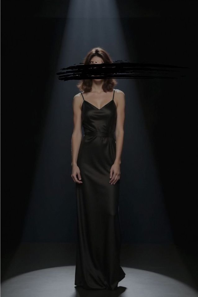 A woman in a black satin gown stands in a dark room, illuminated by a spotlight from above, with a black brushstroke obscuring her face.