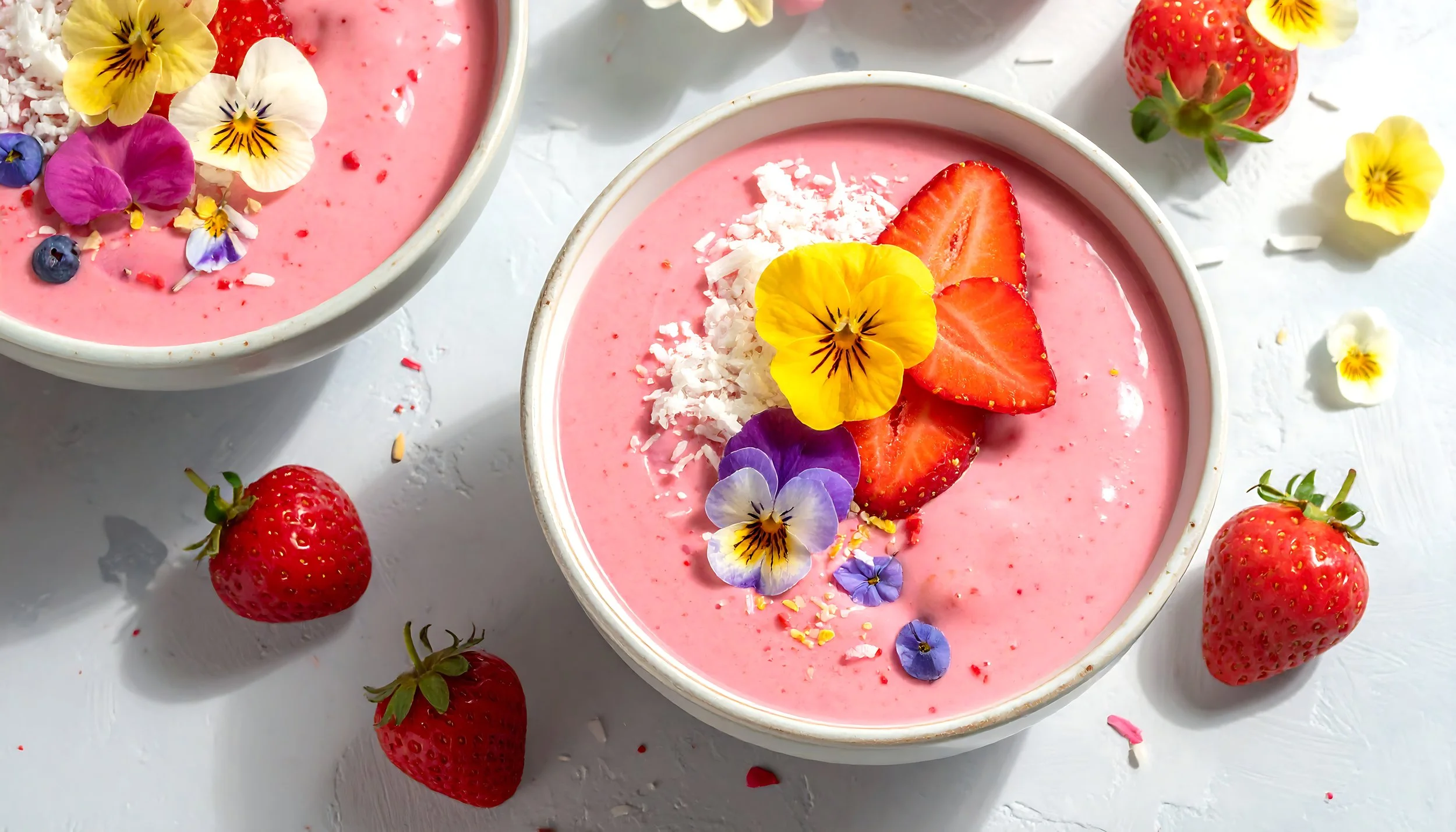 Close-up of three pink strawberry-flavored desserts in white bowls garnished with sliced strawberries, shredded coconut, colorful edible flowers, and small red and pink sprinkles, surrounded by whole strawberries on a white surface.
