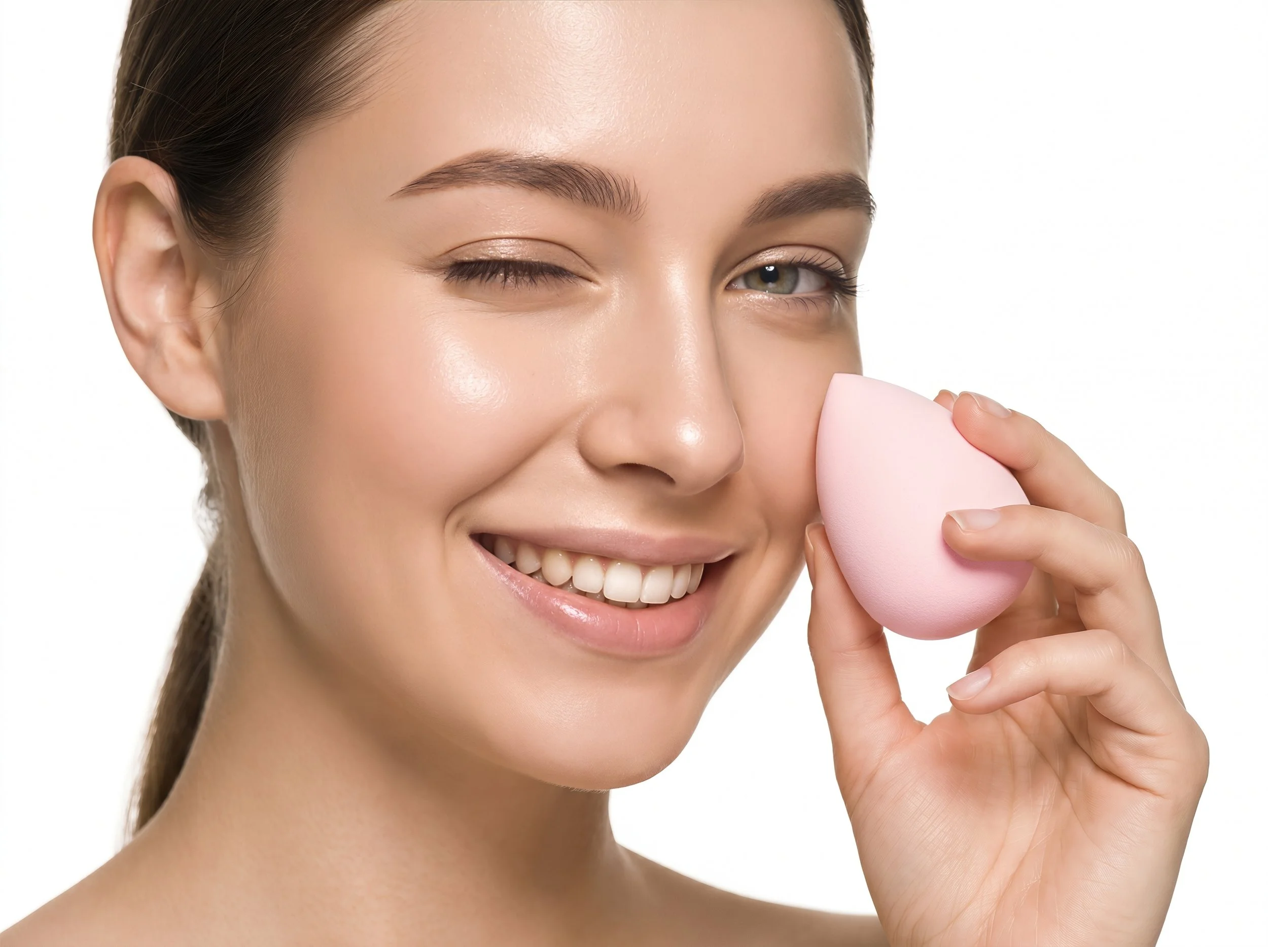A woman with fair skin and light brown hair is smiling with her mouth open, showing white teeth. She is holding a pink beauty sponge to her cheek, with one eye closed and the other eye looking directly at the camera.