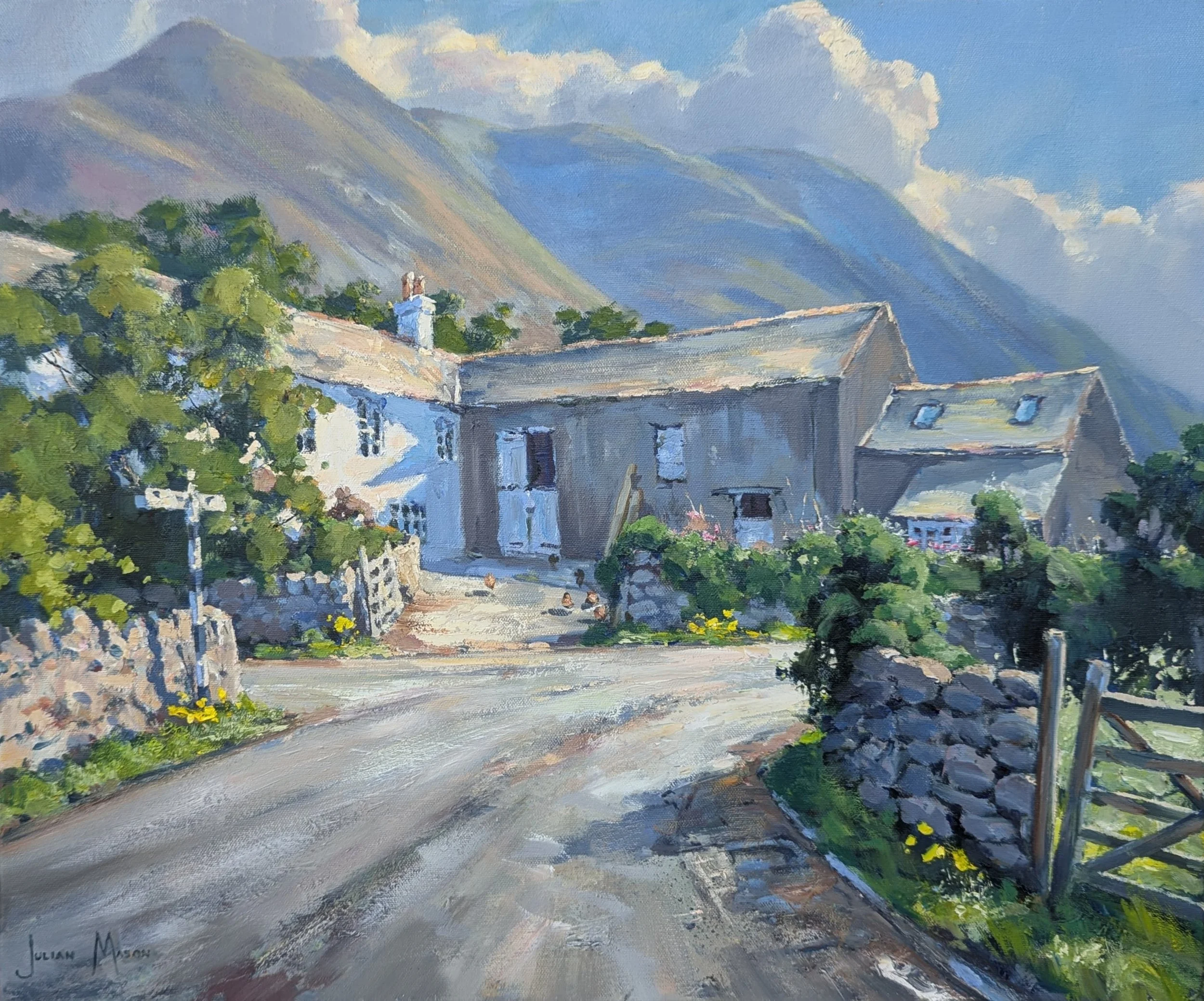 An impressionist painting of a mountain scene with houses, green trees, and a bright sky with clouds.