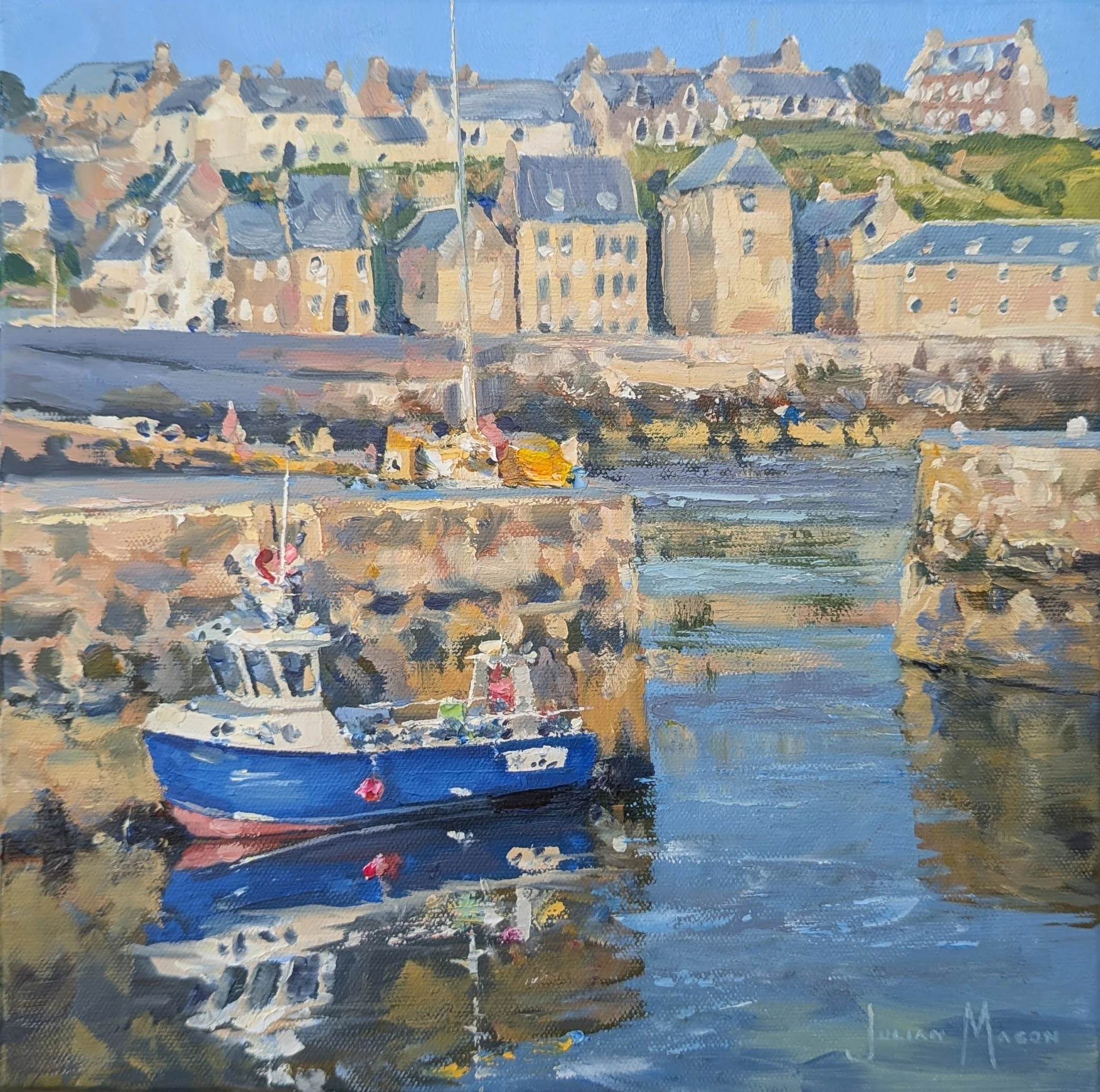 A colorful impressionistic painting of a coastal town with buildings, a boat on the water, and a clear sky.