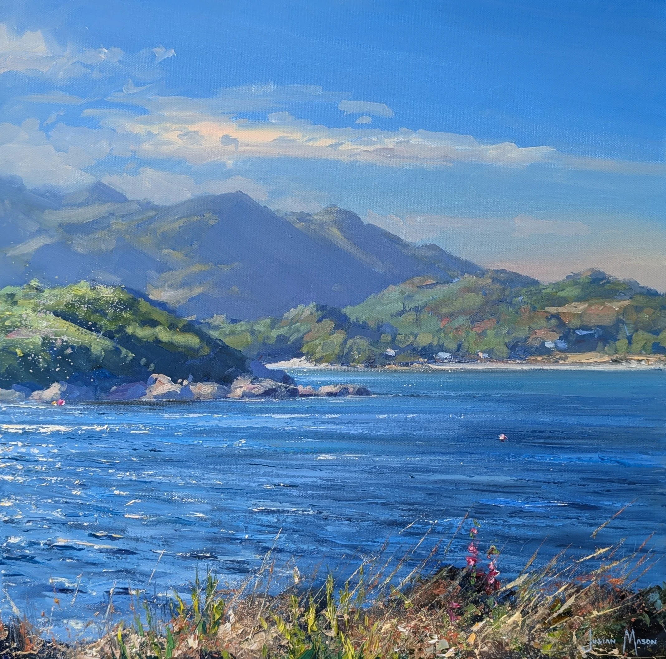An impressionist painting of a mountain landscape with a calm lake in the foreground, lush green foliage, and a bright blue sky with scattered clouds.