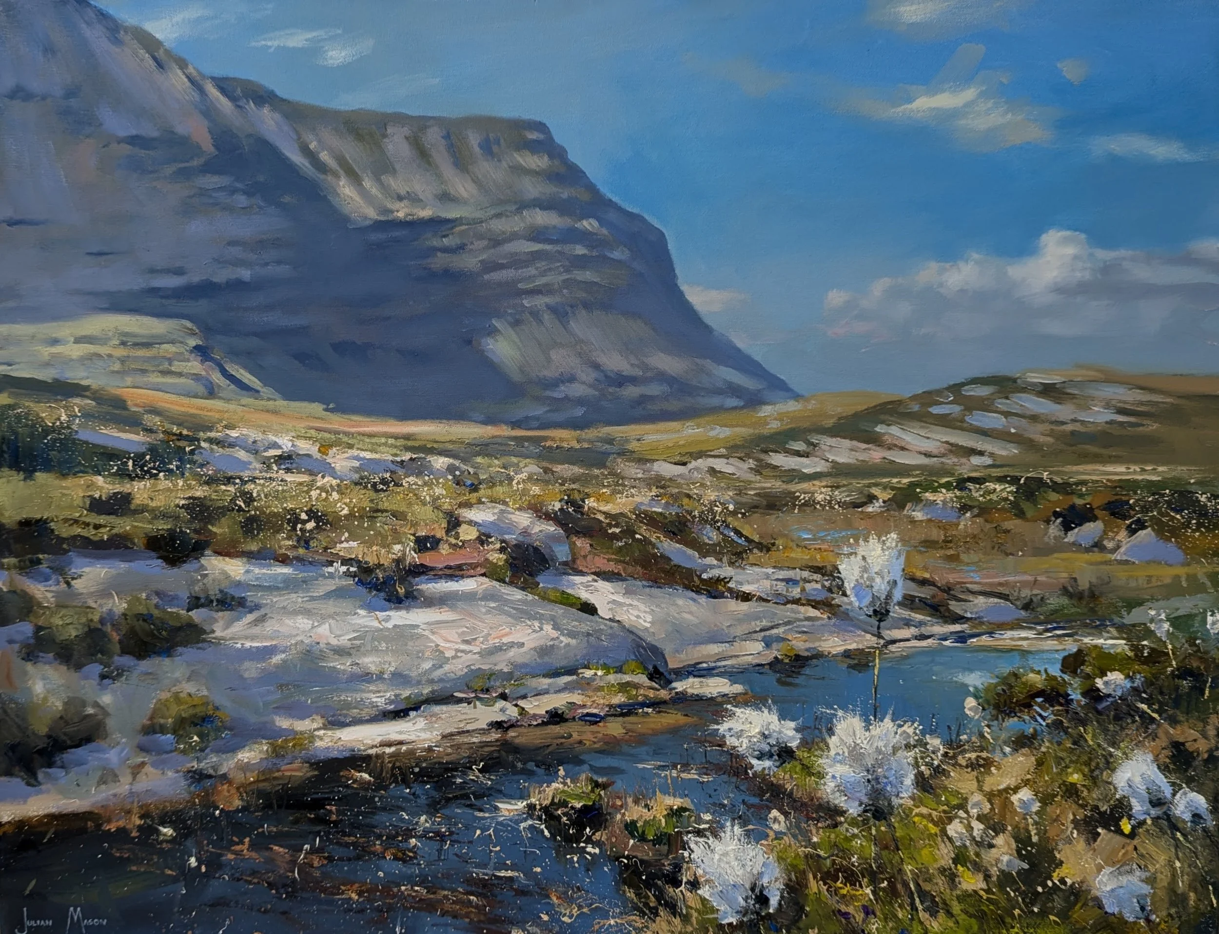 A landscape painting of a mountain with a bright blue sky and clouds, painted in an impressionistic style.