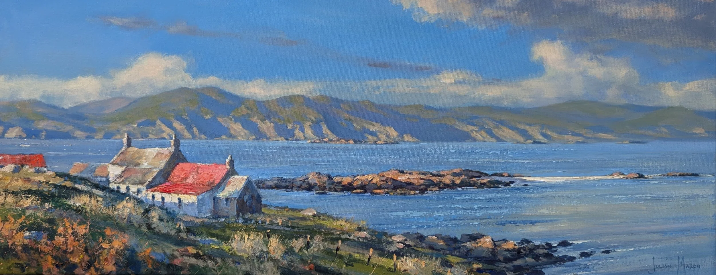A landscape painting of a coastal scene with houses featuring red roofs, a rocky shoreline, and distant green mountains under a partly cloudy sky.