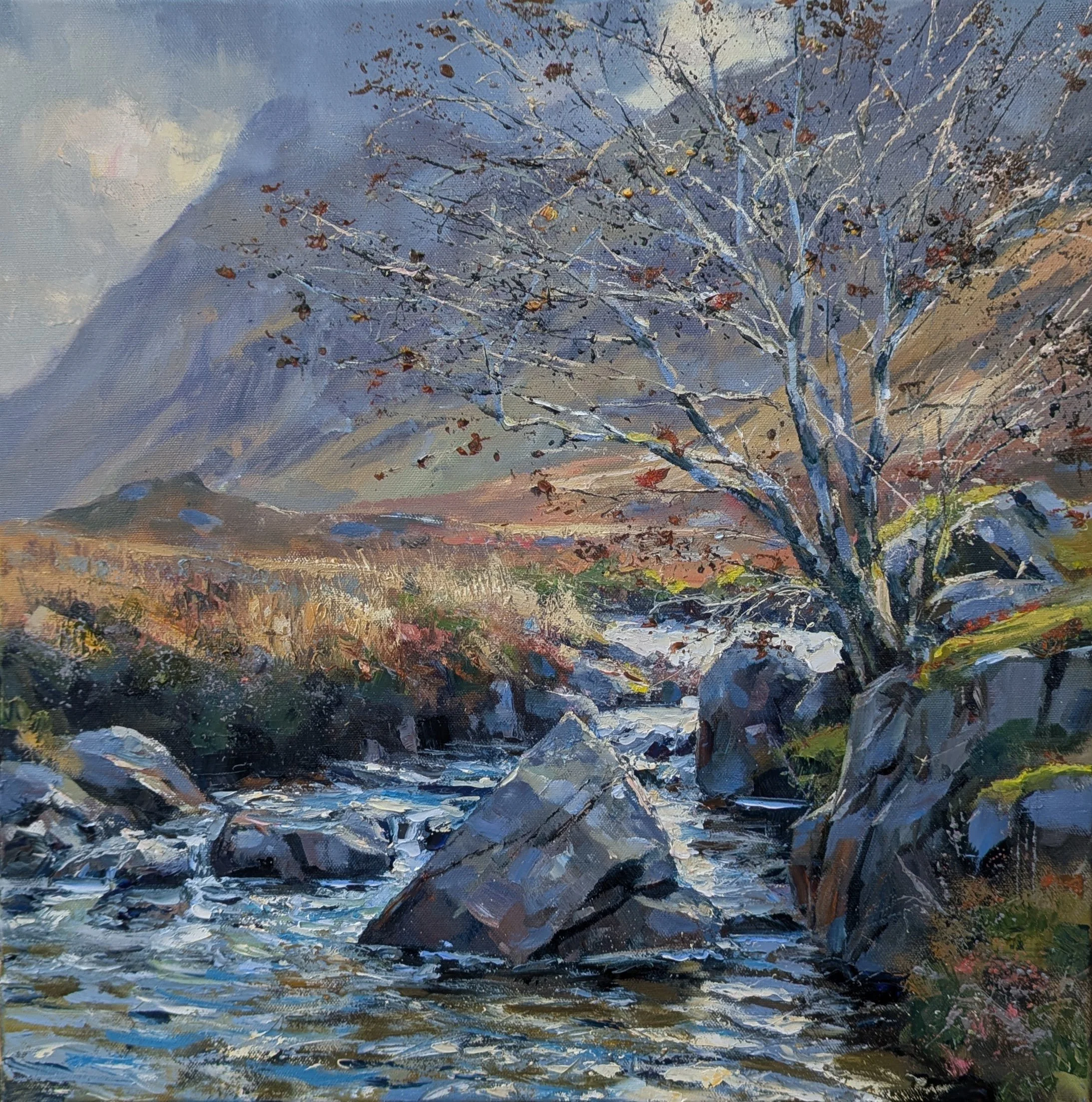 Impressionist painting of a mountain landscape with a tree in the foreground, colorful sky, and a river or lake at the base, using thick and textured brushstrokes.