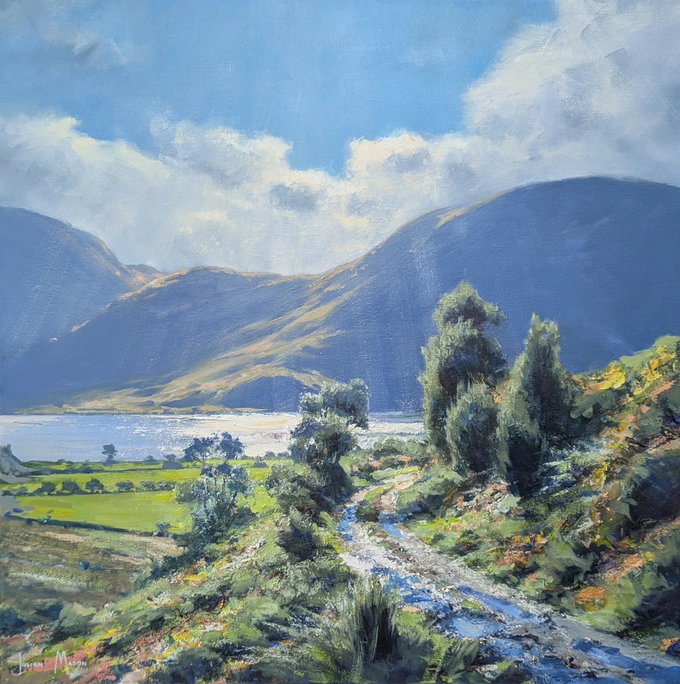 Painting of a landscape with mountains, trees, and a blue sky with clouds.