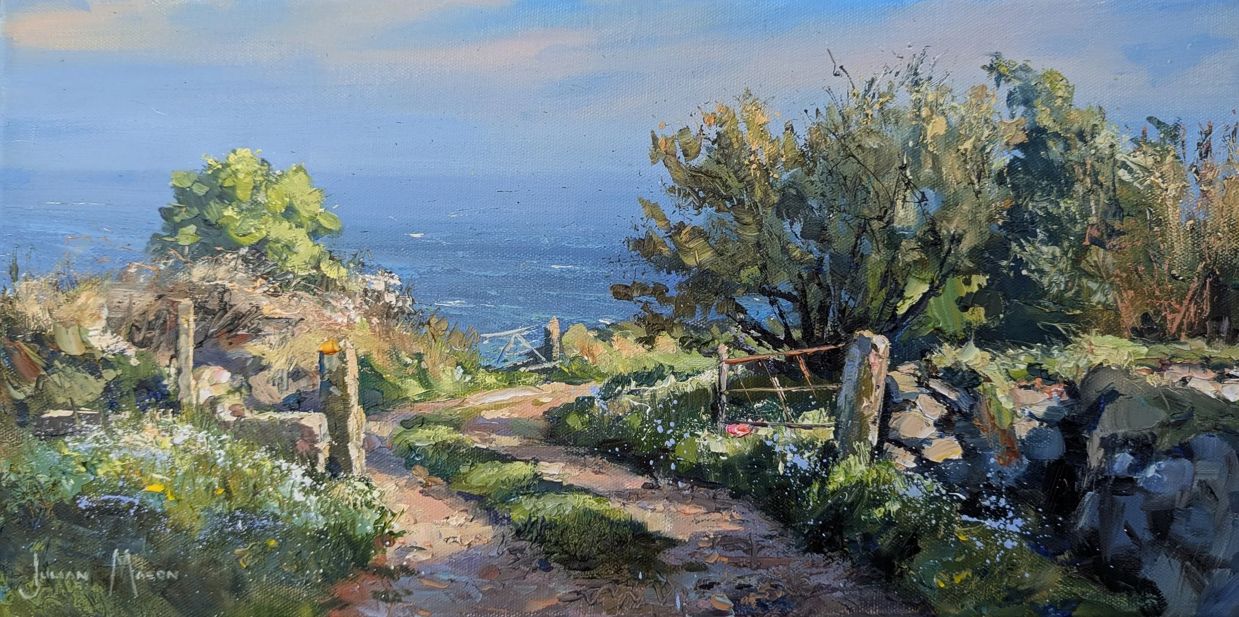 An impressionist painting of a coastal landscape featuring a dirt path, green vegetation, a tree, a wooden fence, and the ocean in the background under a blue sky.