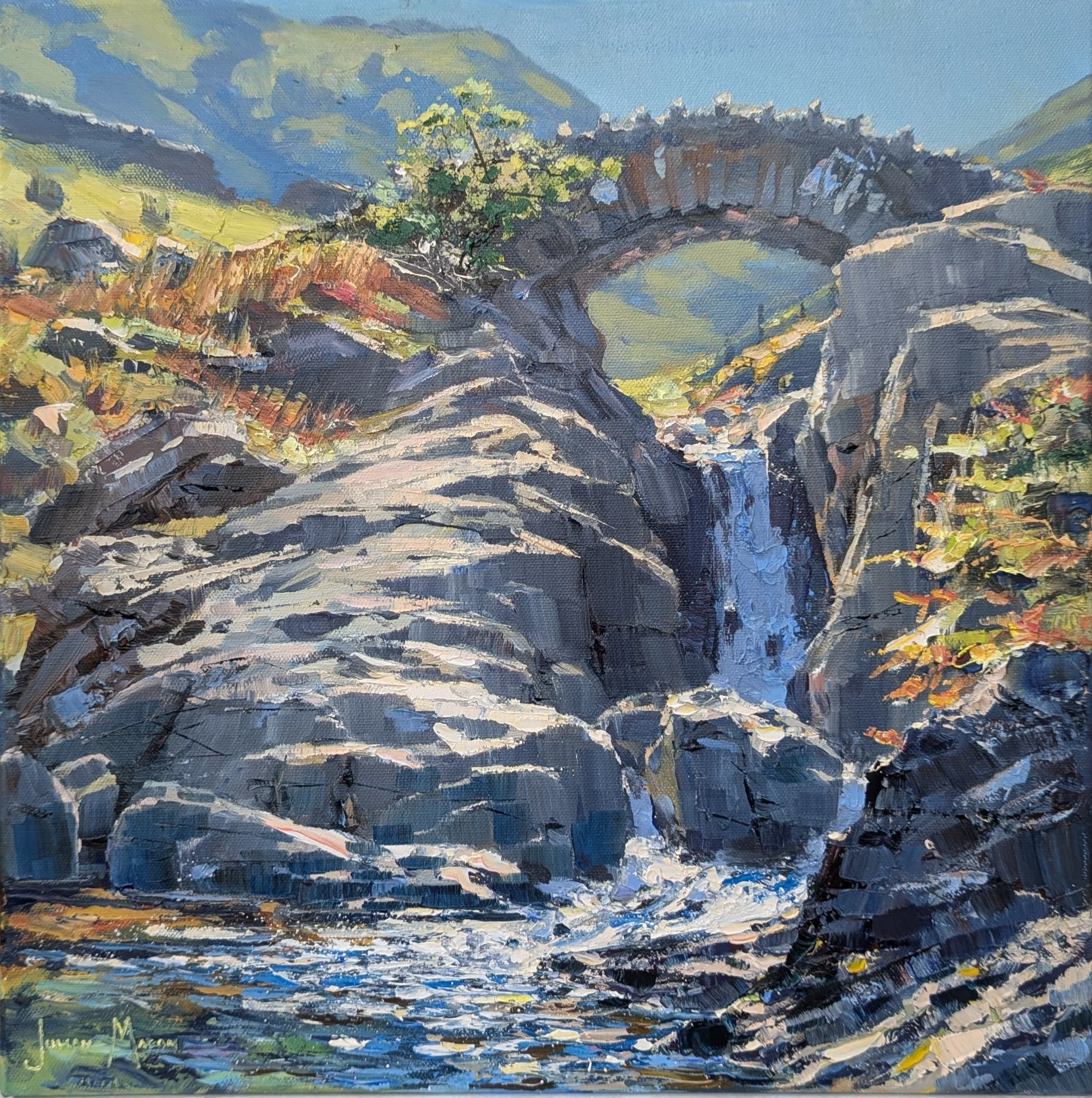 Impressionist style painting of a rocky landscape with a bridge over a stream and mountains in the background, using vibrant brushstrokes and a bright color palette.
