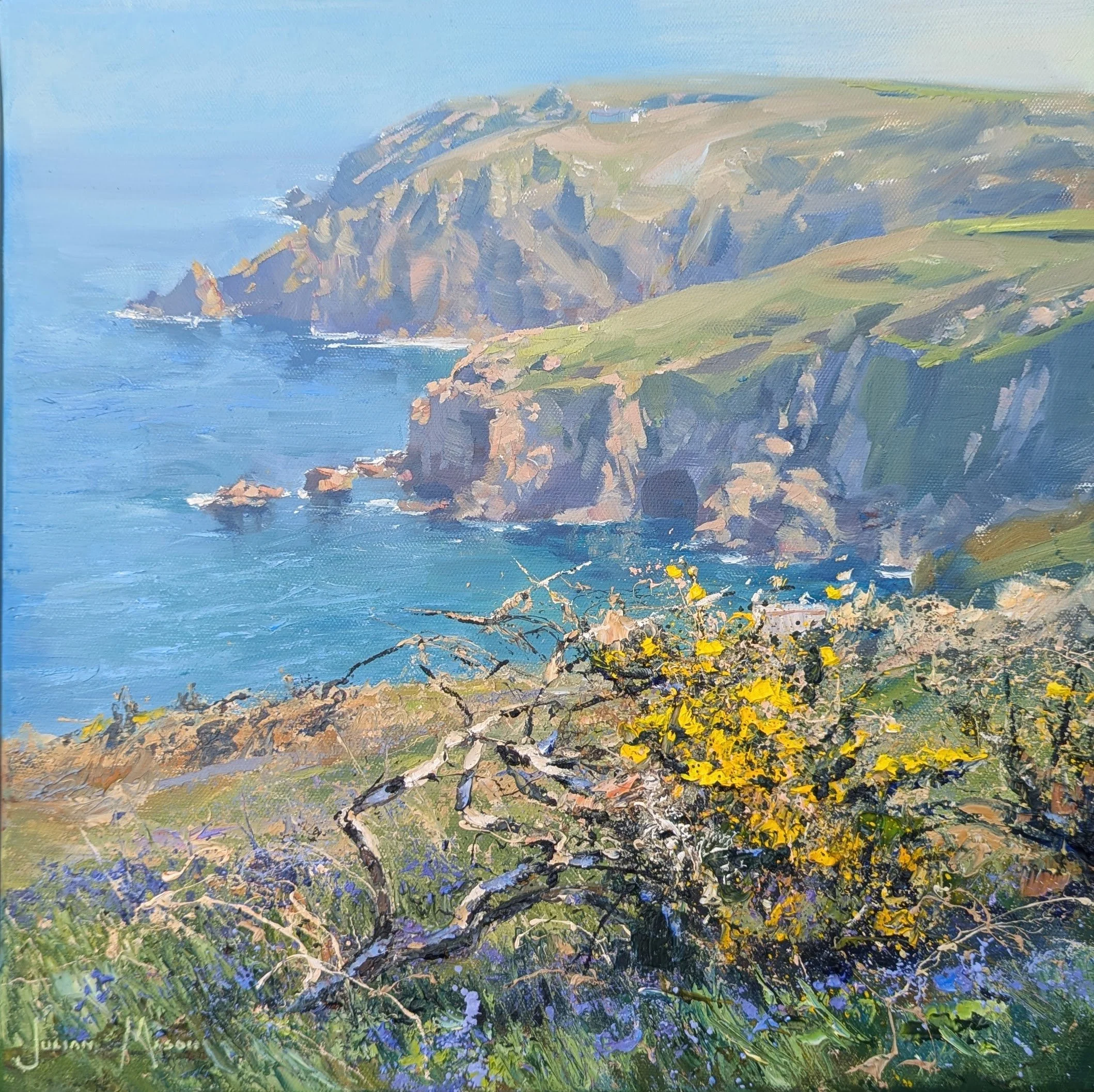 A colorful Impressionist-style painting of a hillside landscape with flowers in the foreground, a rocky cliff in the middle, and a sky in the background.