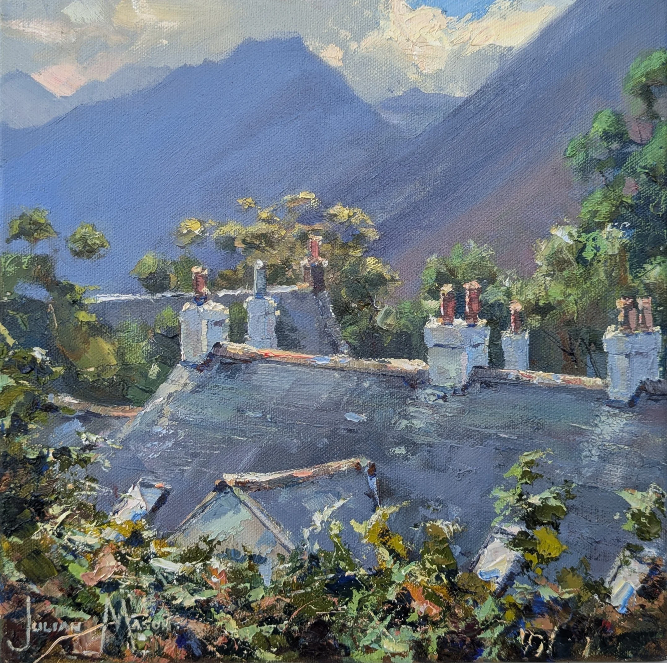 An impressionist painting of a mountain landscape with trees in the foreground, blue mountains and a cloudy sky in the background.