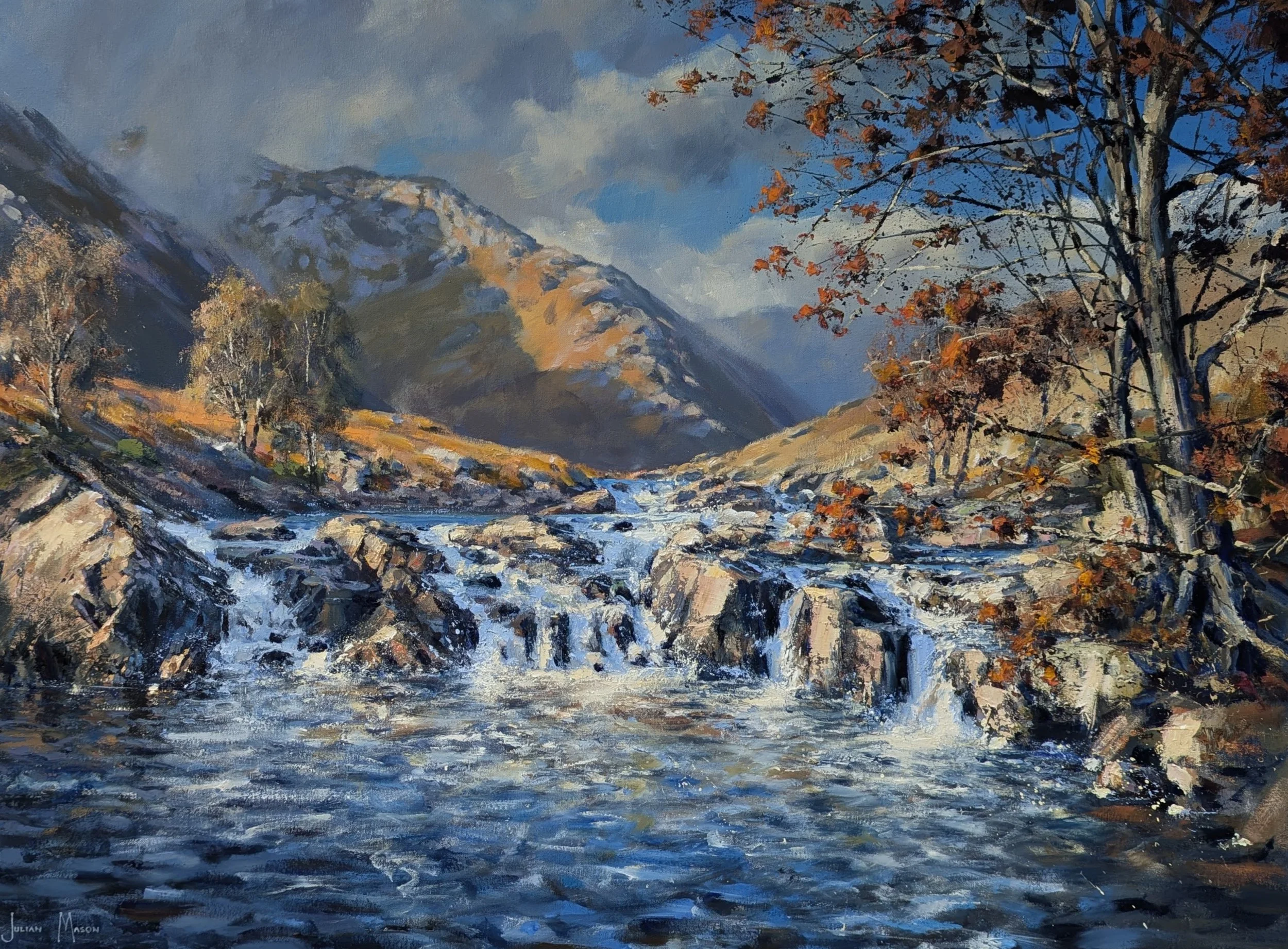 A landscape painting of a mountainous region with trees, a river, and cloudy sky in autumn colors.