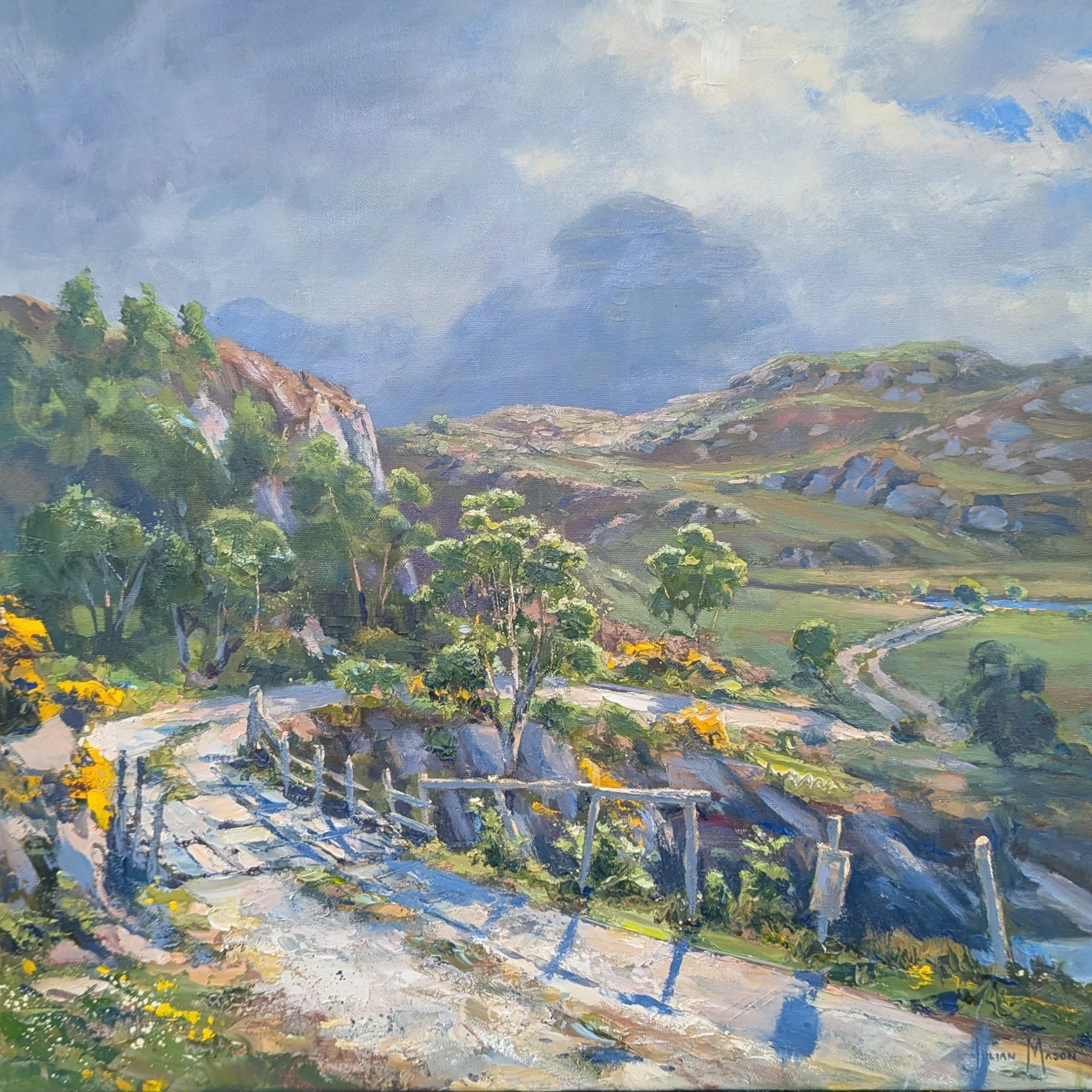 Landscape painting of rolling hills, trees, and a cloudy sky with hints of blue.