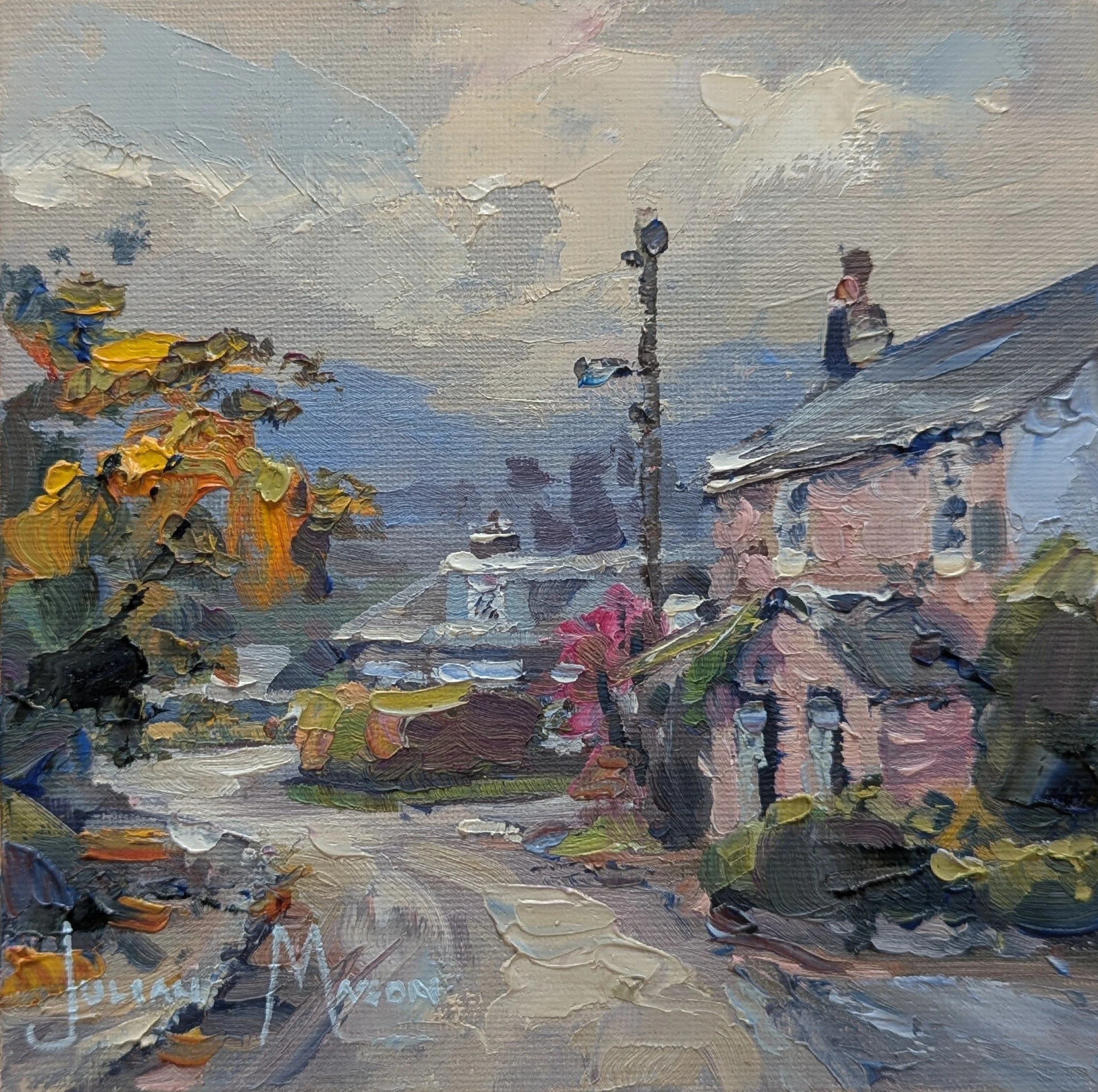 An abstract landscape painting with textured, in thick brushstrokes. The scene depicts a mountainous area with a cloudy sky, colorful trees, and terrain painted in a variety of hues including blues, greens, yellows, pinks, and browns.