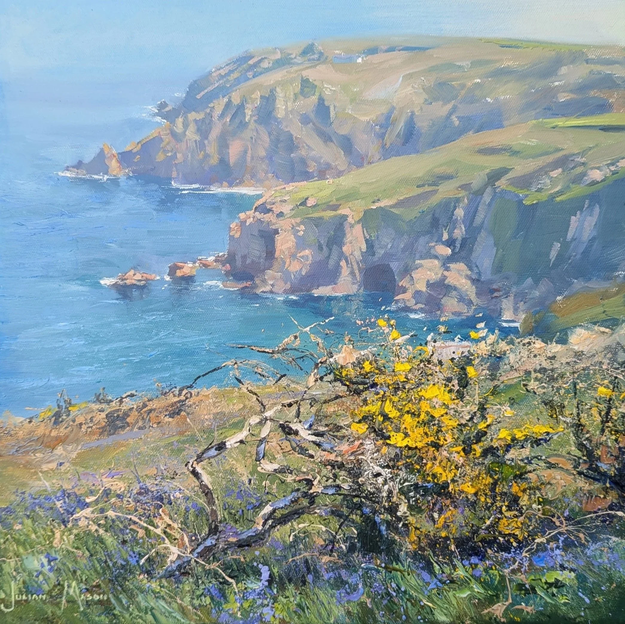 A painting of a landscape with green grassy hills, flowering shrubs, rocky cliffs, and a blue sky.