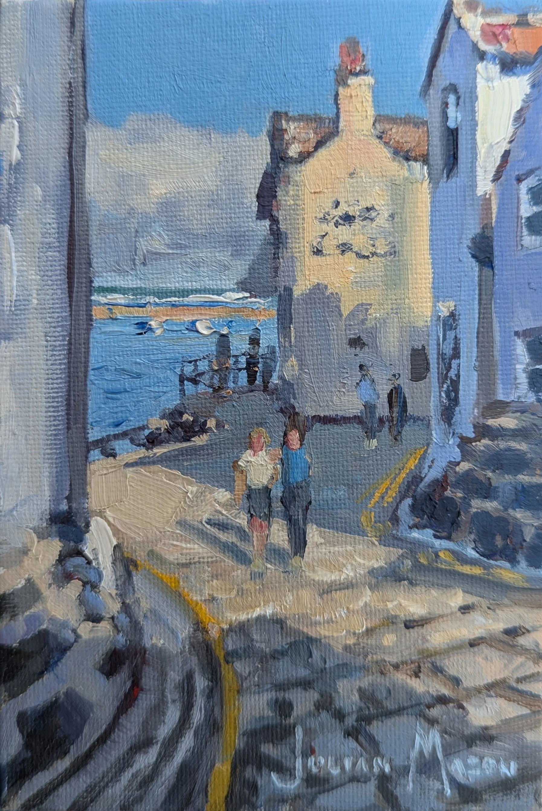 An impressionist painting of two women walking on a city sidewalk on a sunny day. The background includes a building with a blue sky and clouds, and other buildings in a loose, textured style.